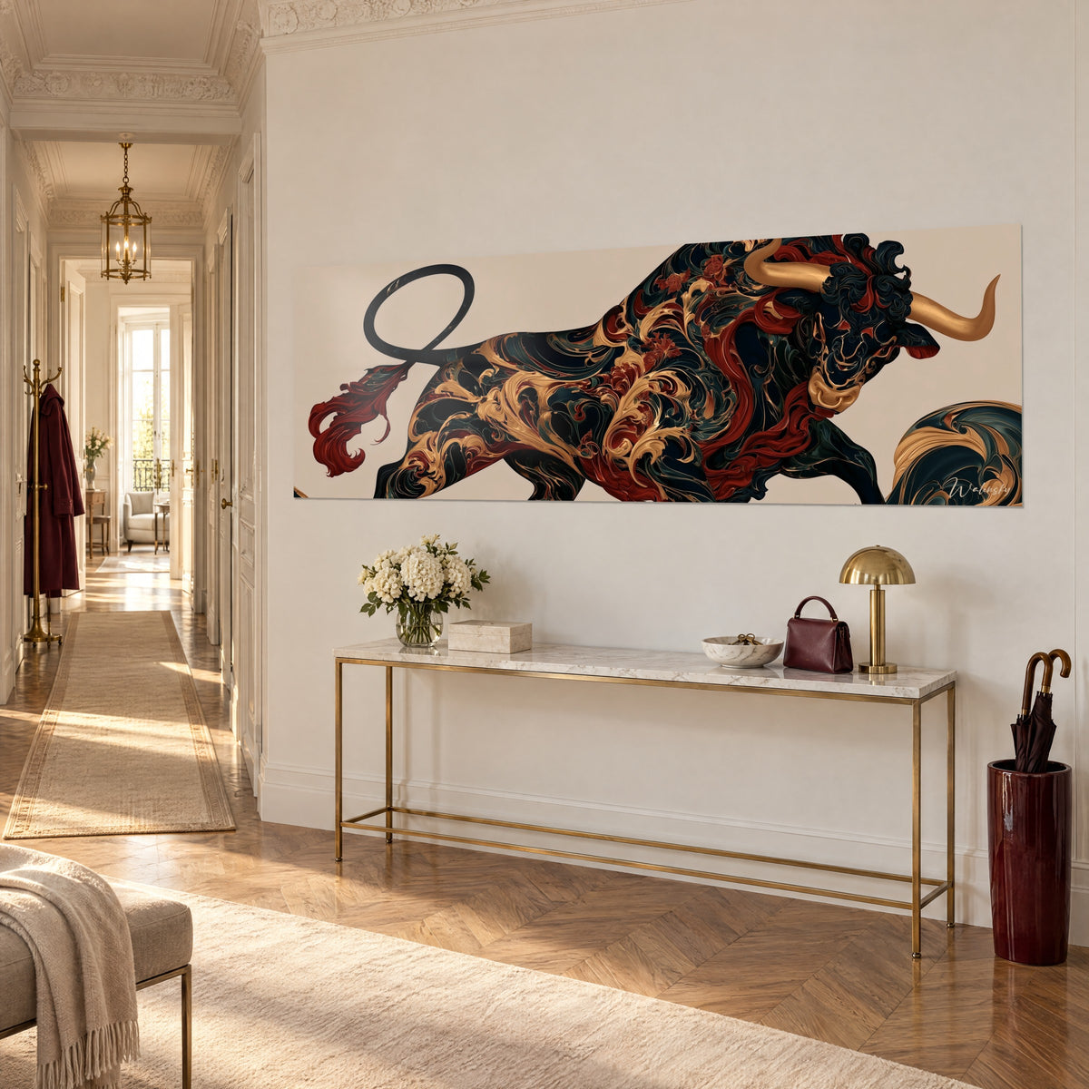 Wall art heraldic beast with gold and black arabesques, burgundy mane, panoramic view on a beige background, gilded console and Haussmann-style hallway