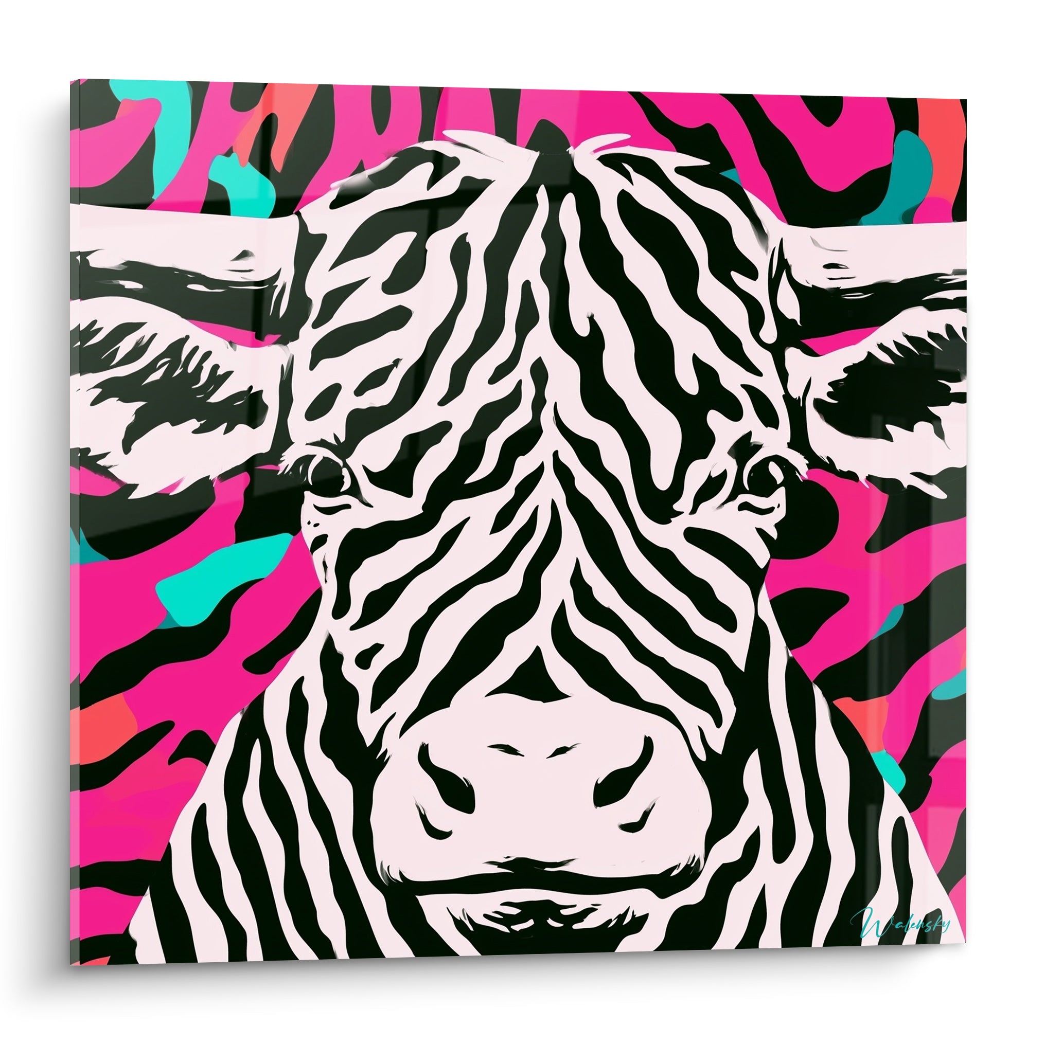 Taureau zébré noir et blanc sur fond rose fuchsia et turquoise éclatant, style pop art