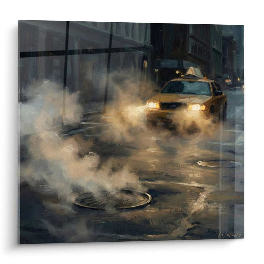 Tableau Taxi Jaune dans la Brume Urbaine Nocturne - Atmosphère Mystérieuse - Edition Manhattan