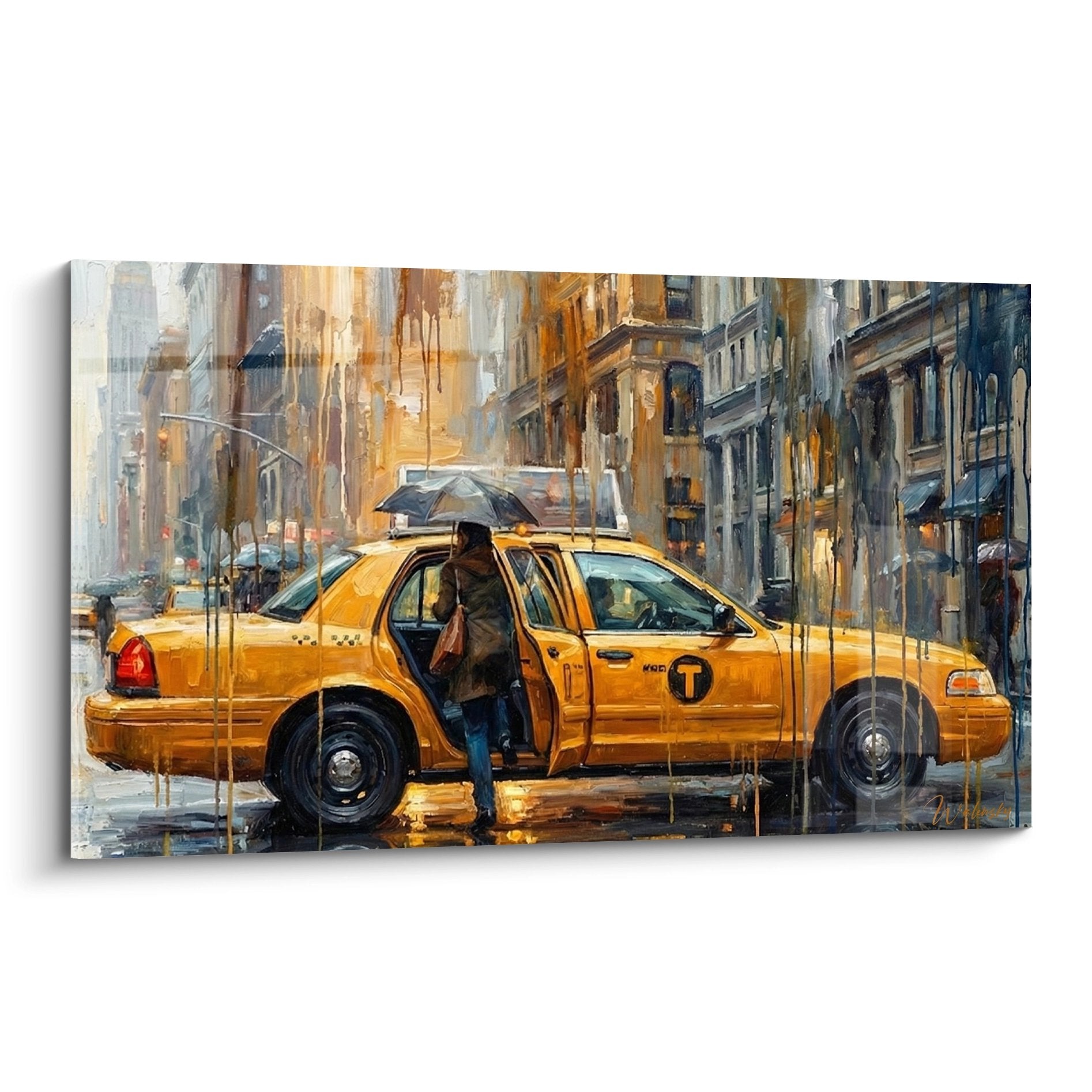 Tableau taxi jaune sous la pluie rue urbaine Manhattan art contemporain couleurs chaudes