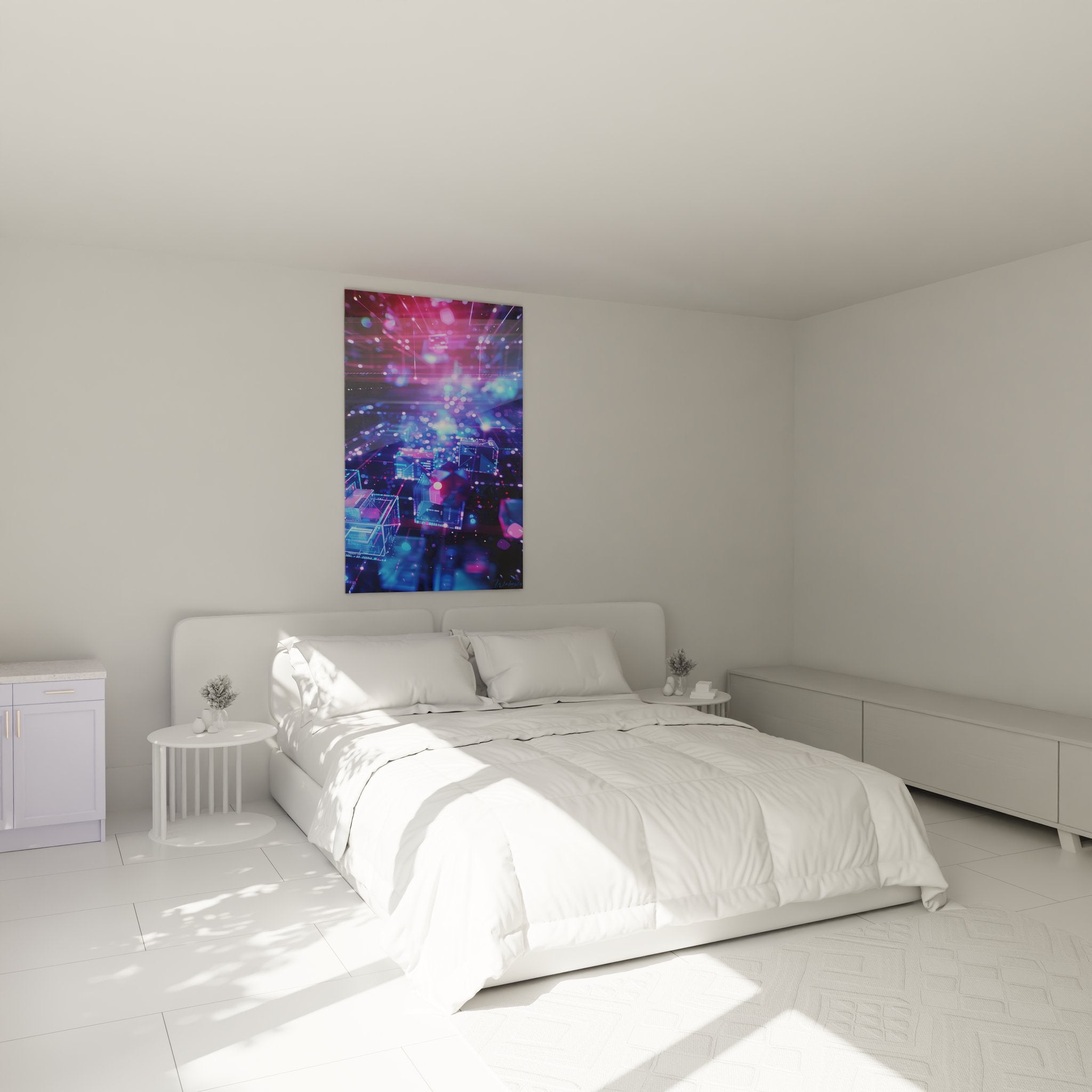 Tableau technologie quantique dans chambre moderne, décoration murale futurisme abstrait ambiance nocturne