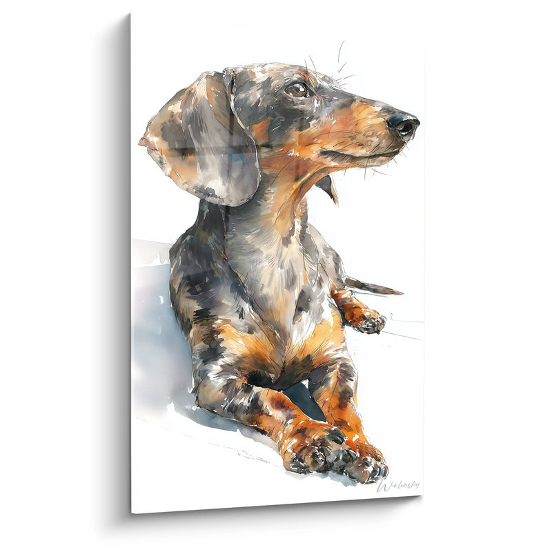 Dackel-Aquarell-Gemälde Sitzend Blick Nach Oben - Künstlerisches Porträt - Dackel-Gemälde Edition