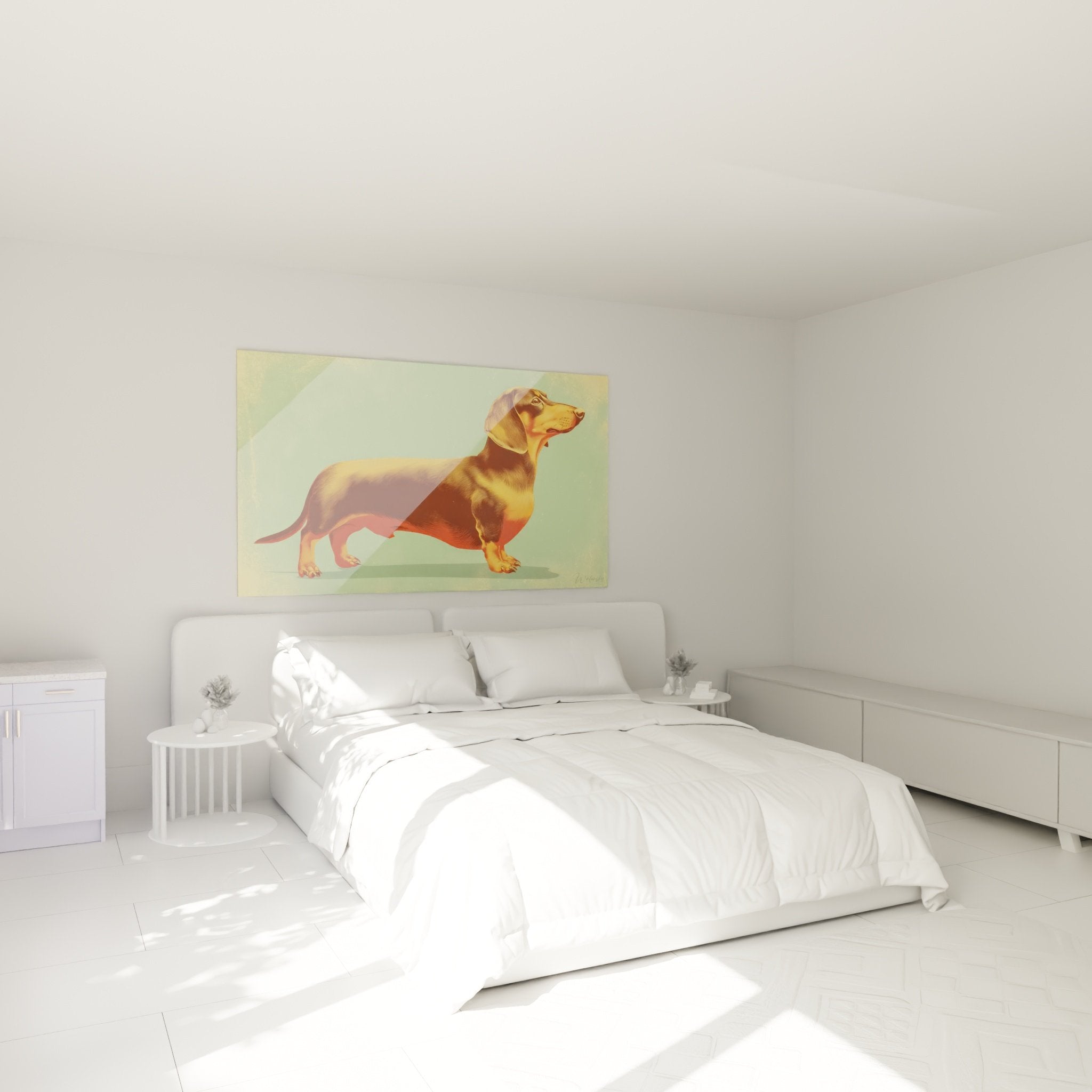 Tableau teckel artistique roux accroché au-dessus d'un lit dans chambre moderne