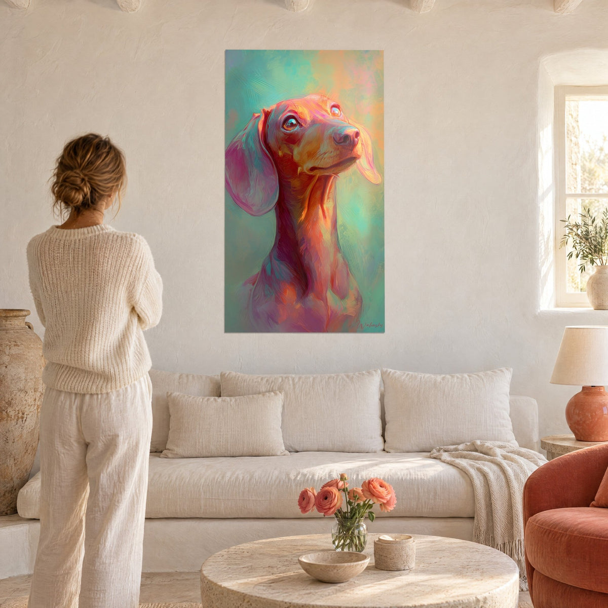 Wall art dachshund gazing upward, orange coat and turquoise background, in iridescent painting, above a sofa in a bright living room