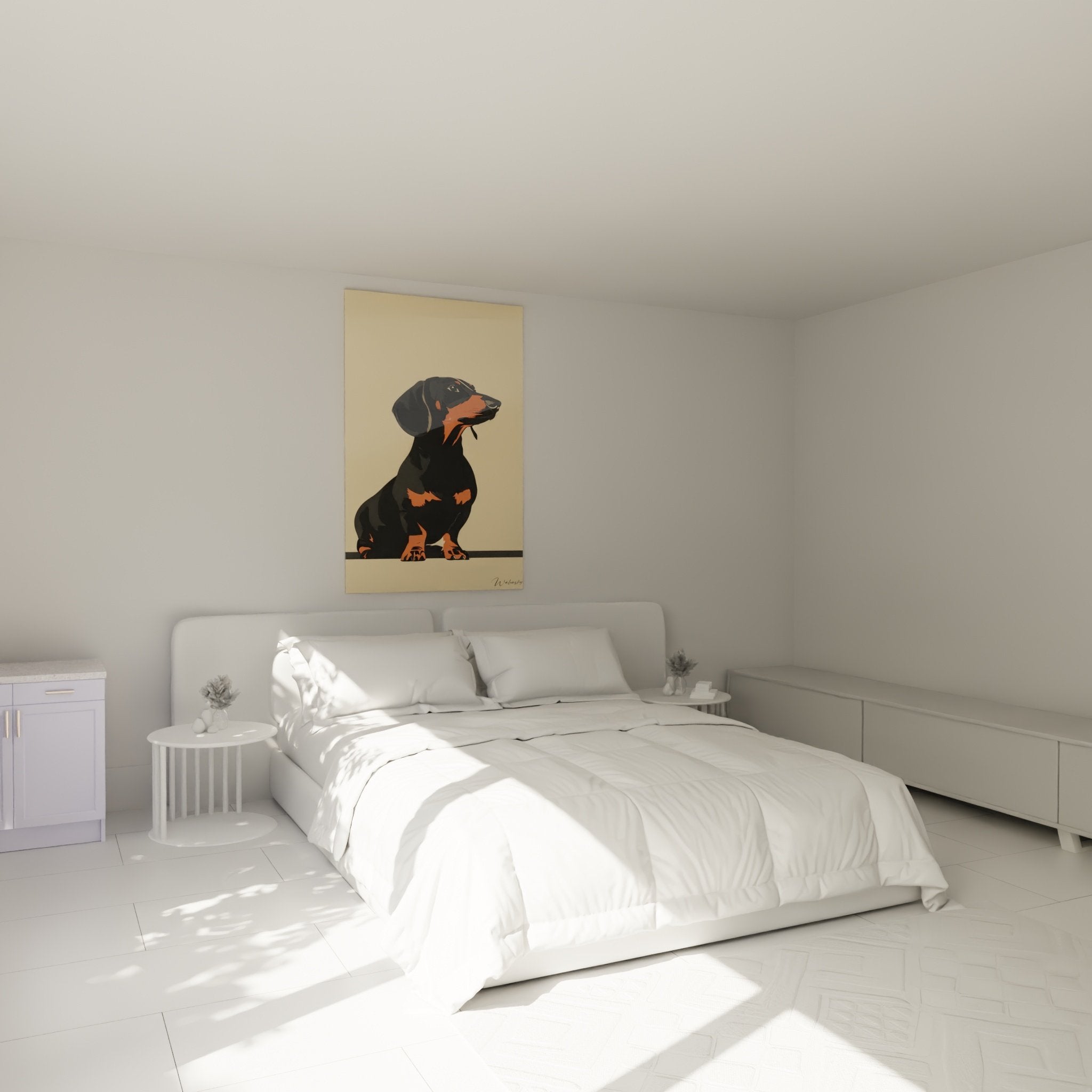Tableau teckel noir et rouille dans chambre moderne, decoration murale animale elegante