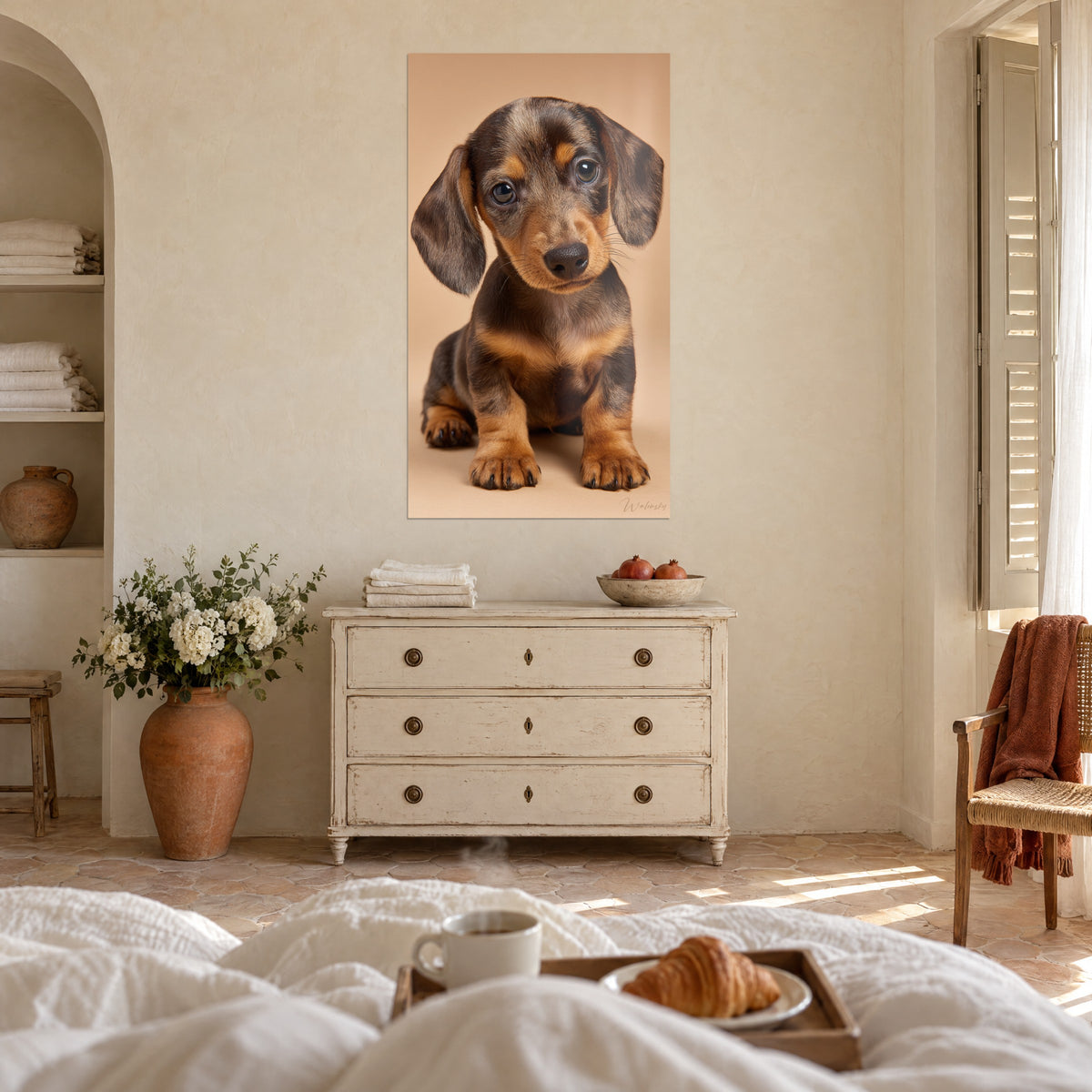 Cuadro joven teckel sentado, patas cobrizas y pecho avellana, fondo arena, sobre una cama en un dormitorio luminoso