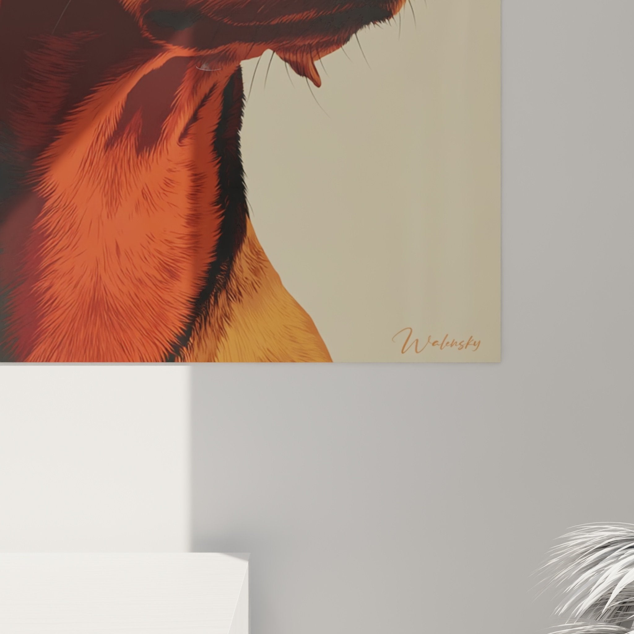 Vue d'ensemble du tableau teckel dans un intérieur moderne, mise en situation décorative