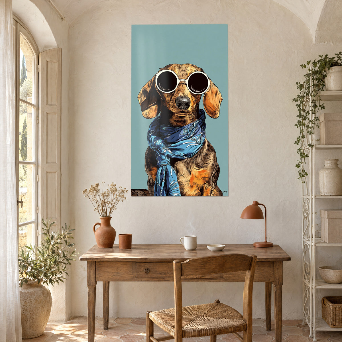 Cuadro perrito de pelo castaño rojizo y gafas de sol redondas, fondo turquesa, encima de un escritorio de madera en una masía provenzal