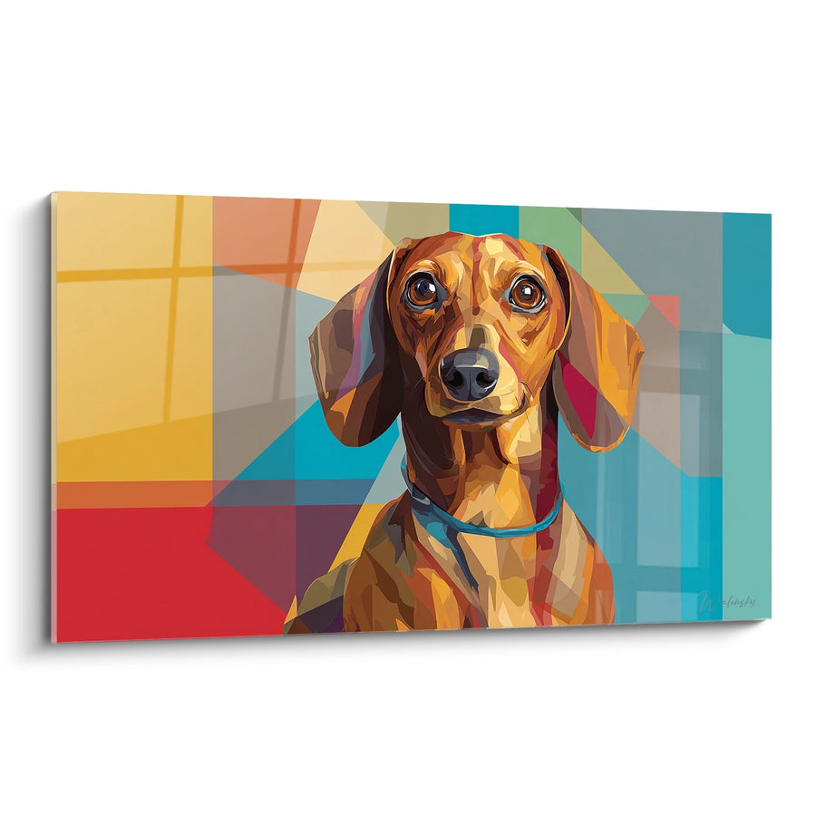 Tableau Teckel Géométrique Coloré aux Tons Chauds - Portrait Canin Moderne - Edition Tableau Teckel