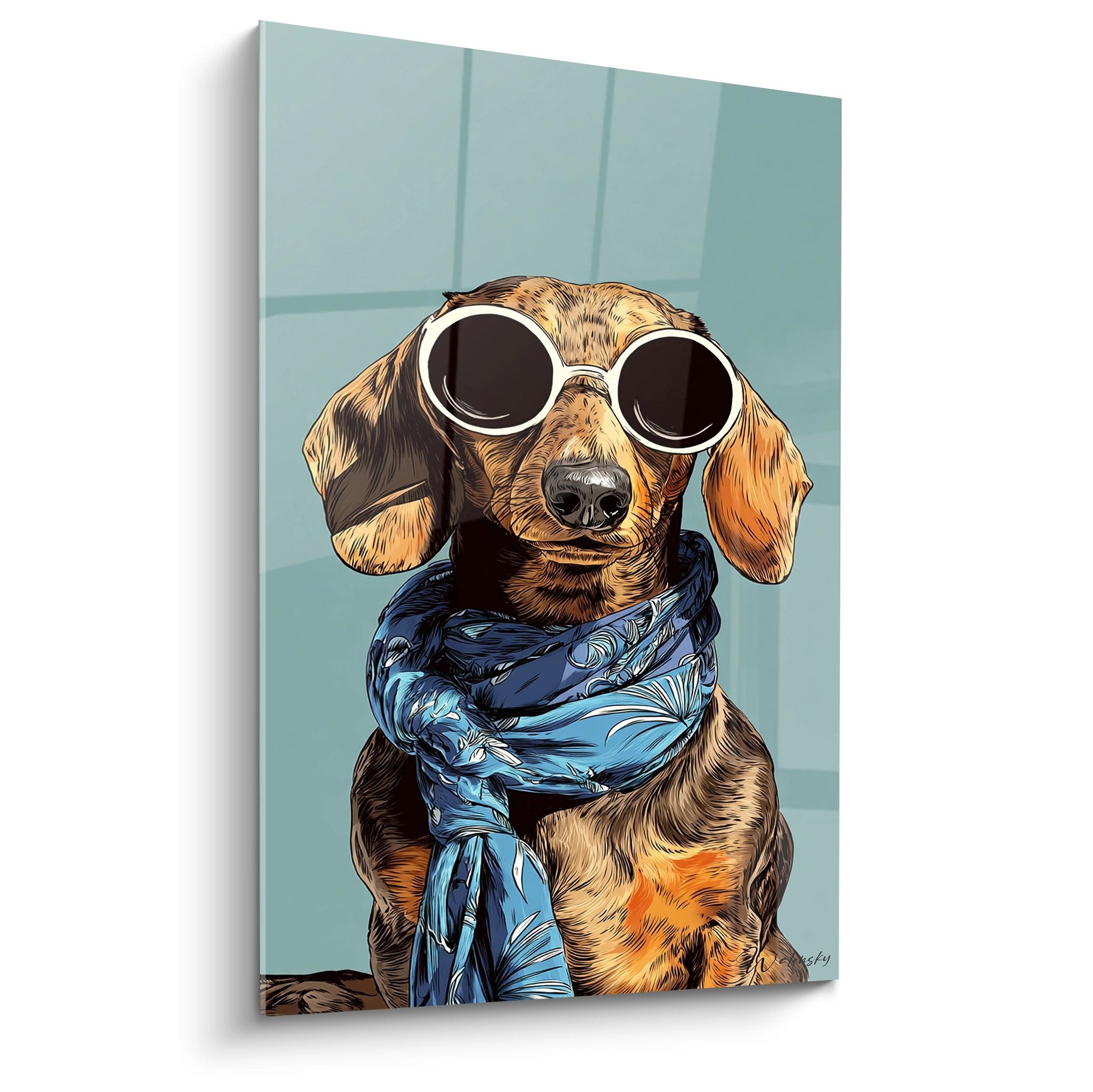 Tableau teckel fauve avec lunettes rondes et foulard bleu sur fond turquoise, portrait canin élégant style moderne