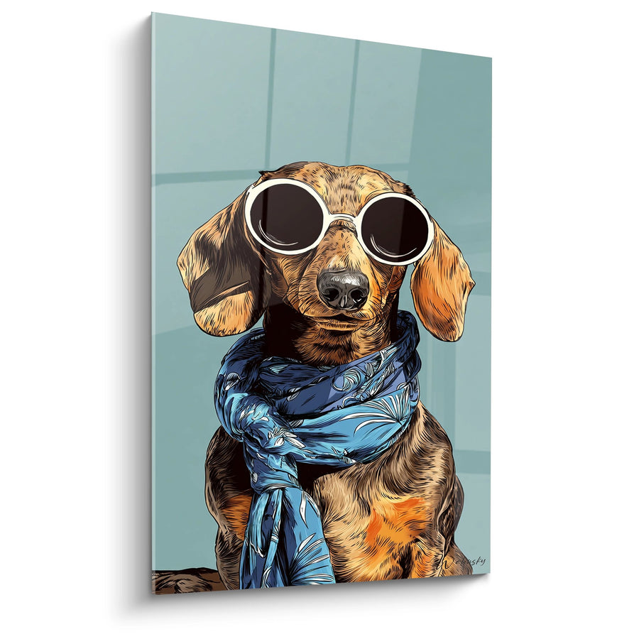 Tableau Teckel à Lunettes et Foulard Bleu - Portrait Canin Élégant - Edition Tableau Teckel