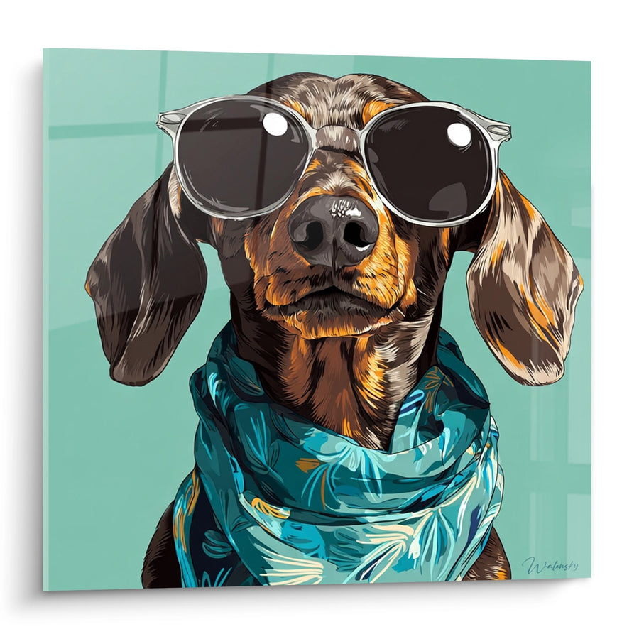 Tableau Teckel à Lunettes et Foulard Tropical - Élégance Canine - Edition Tableau Teckel