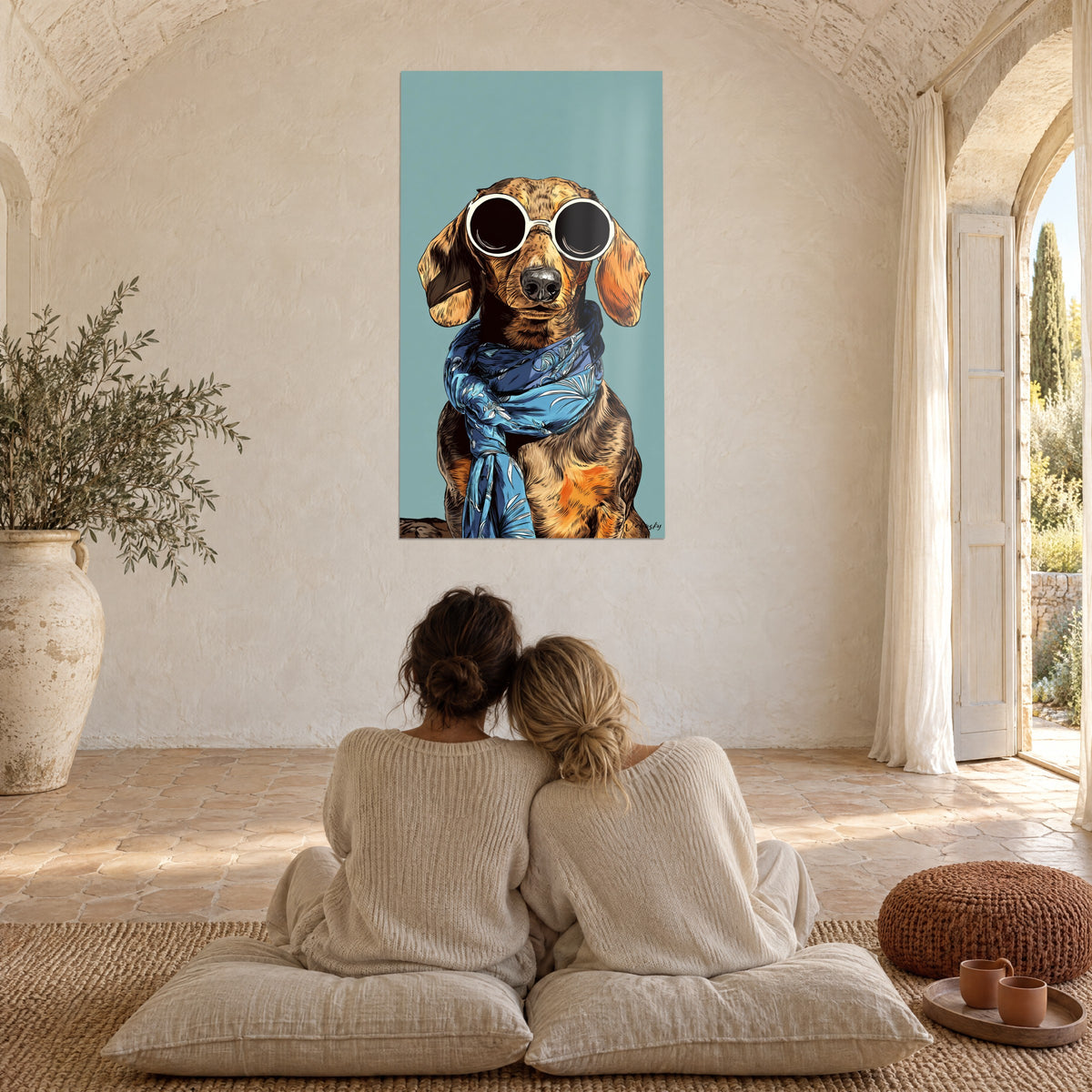 Cuadro ilustración de un teckel chic, pañuelo azul anudado, gafas marfil, fondo turquesa, dos personas de espaldas sobre cojines