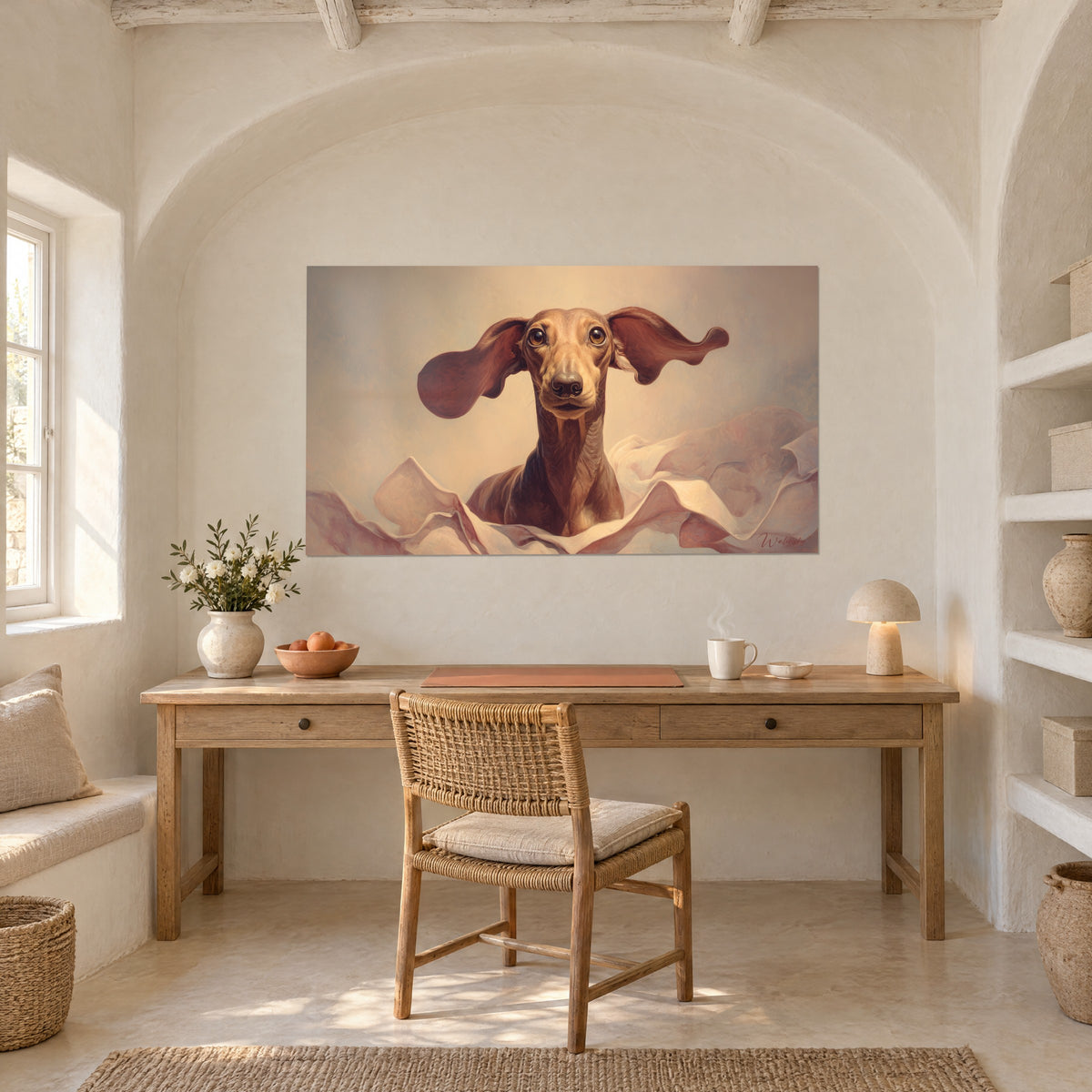 Cuadro pequeño perro pelirrojo de cuello largo y hocico oscuro, drapeado rosa pálido, en la pared de un despacho de madera clara junto a una ventana abovedada