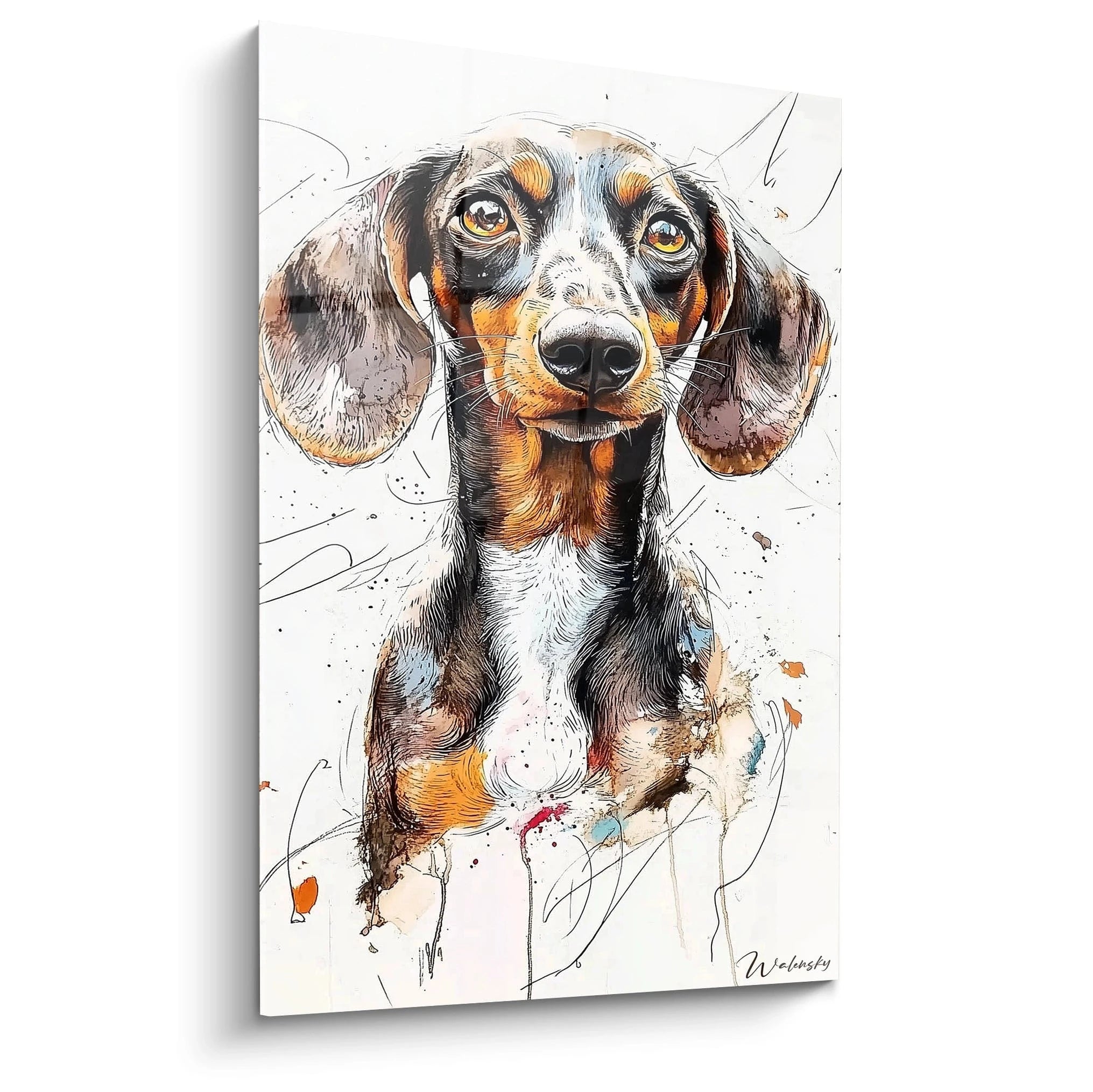 Un tableau teckel représentant un chien en gros plan, avec des yeux jaunes expressifs et un museau noir. Les couleurs dominantes sont le marron, l'orange et le noir, avec des éclaboussures et traits fins créant un effet aquarelle dynamique.
