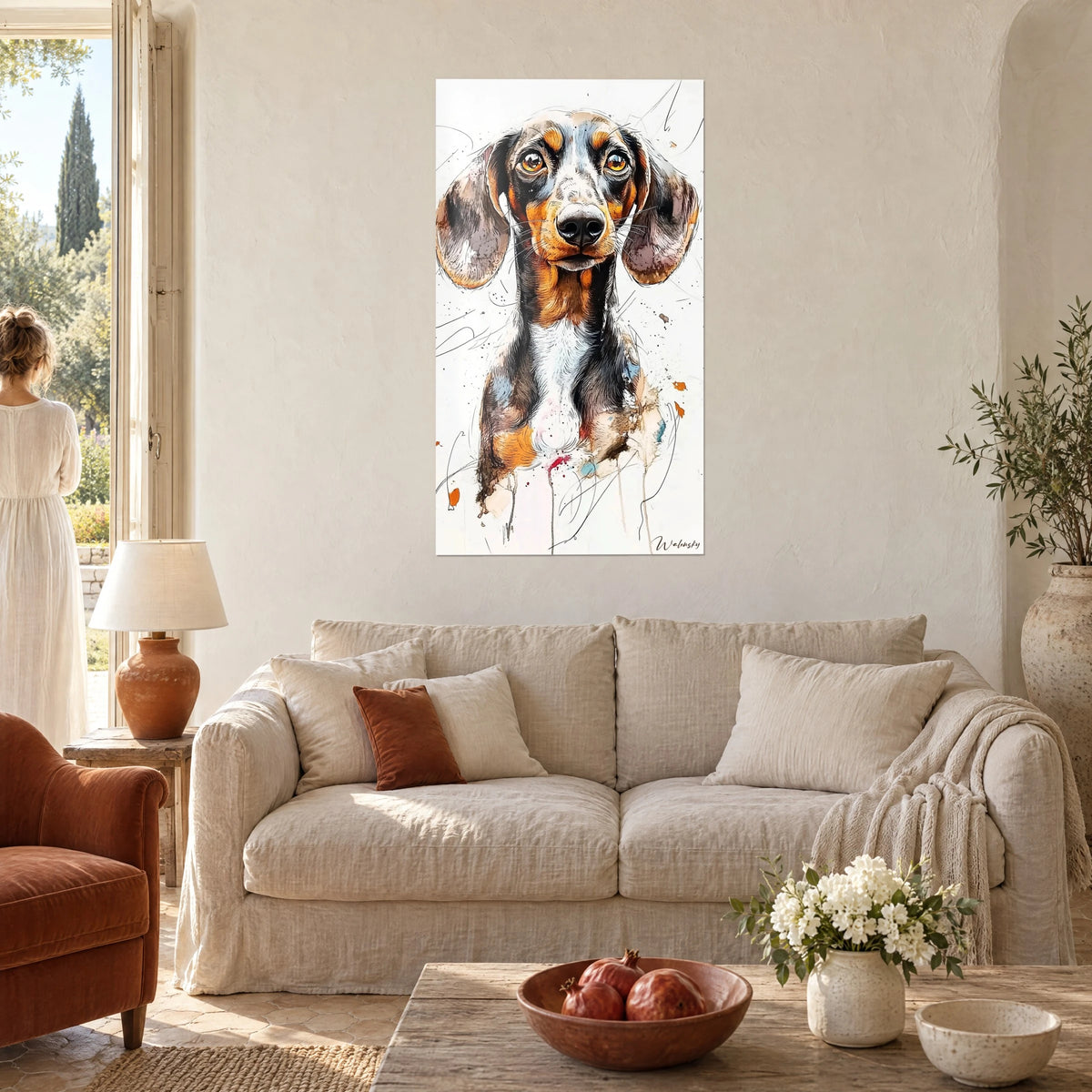 Wall art dachshund portrait with amber eyes, brown and grey ears, orange splashes, hanging above a sofa in a bright living room