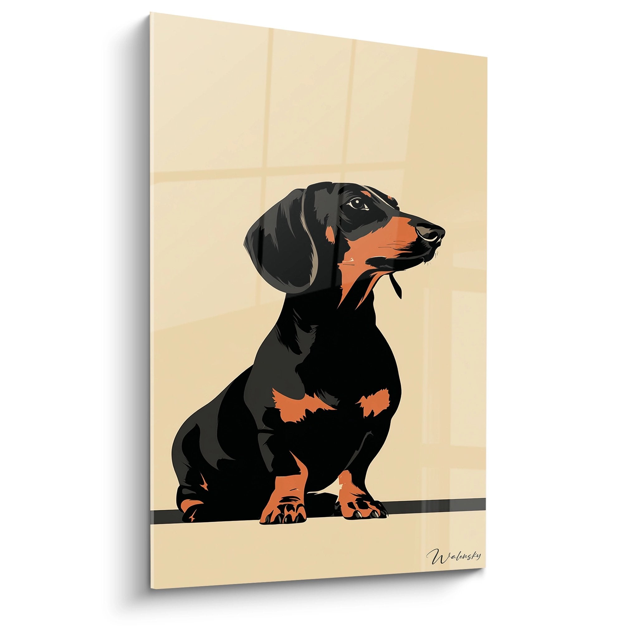 Tableau teckel noir et feu assis sur fond beige, portrait canin contemporain style vectoriel
