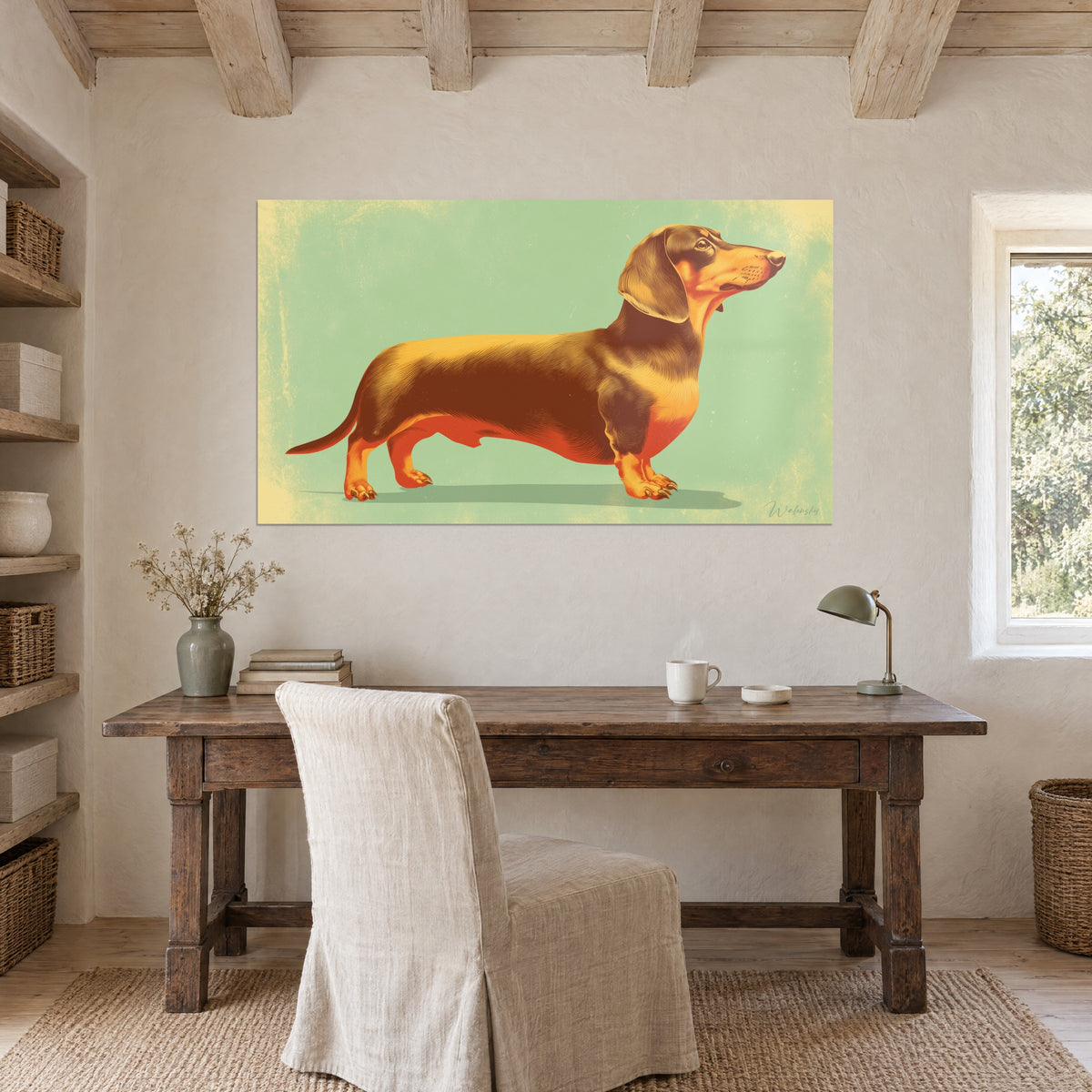 Schilderij hondenportret in arcering, langgerekt lichaam in bruin en saffraangeel, boven een houten bureau
