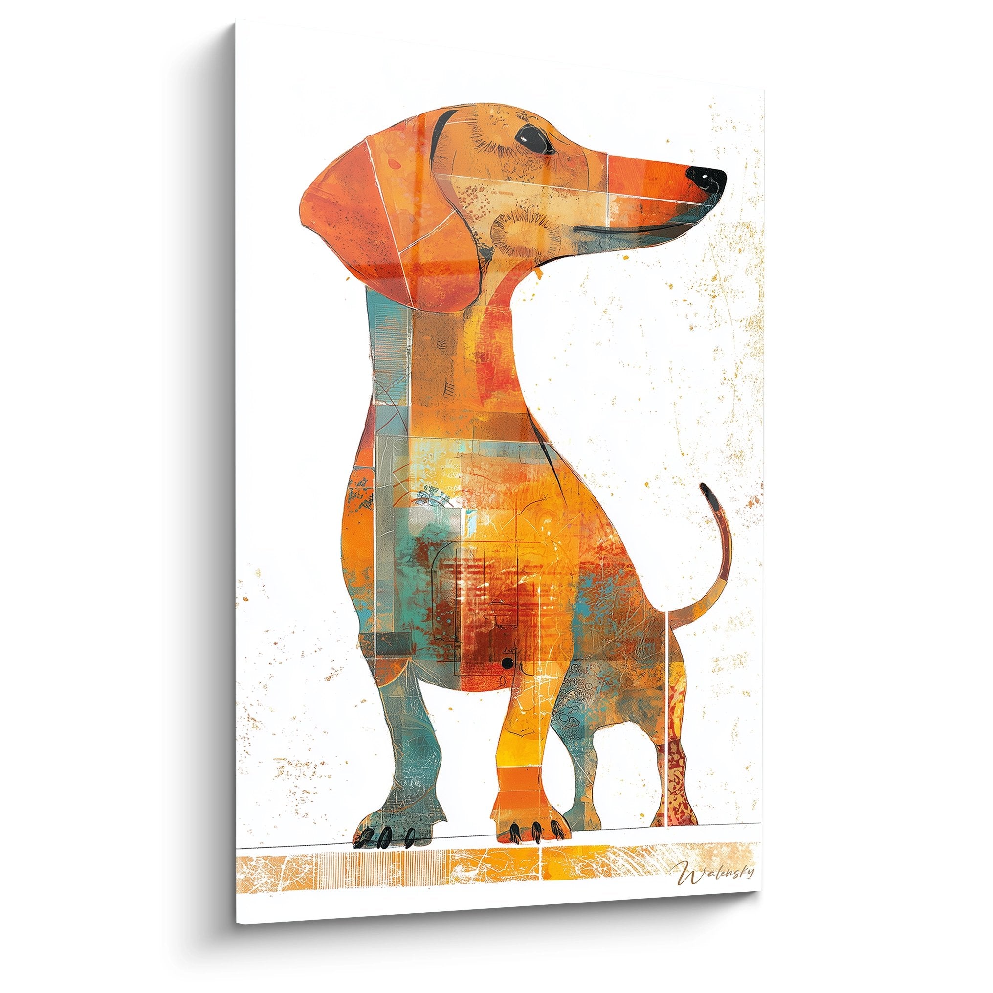 tableau teckel profil orange turquoise style contemporain collage artistique fond blanc