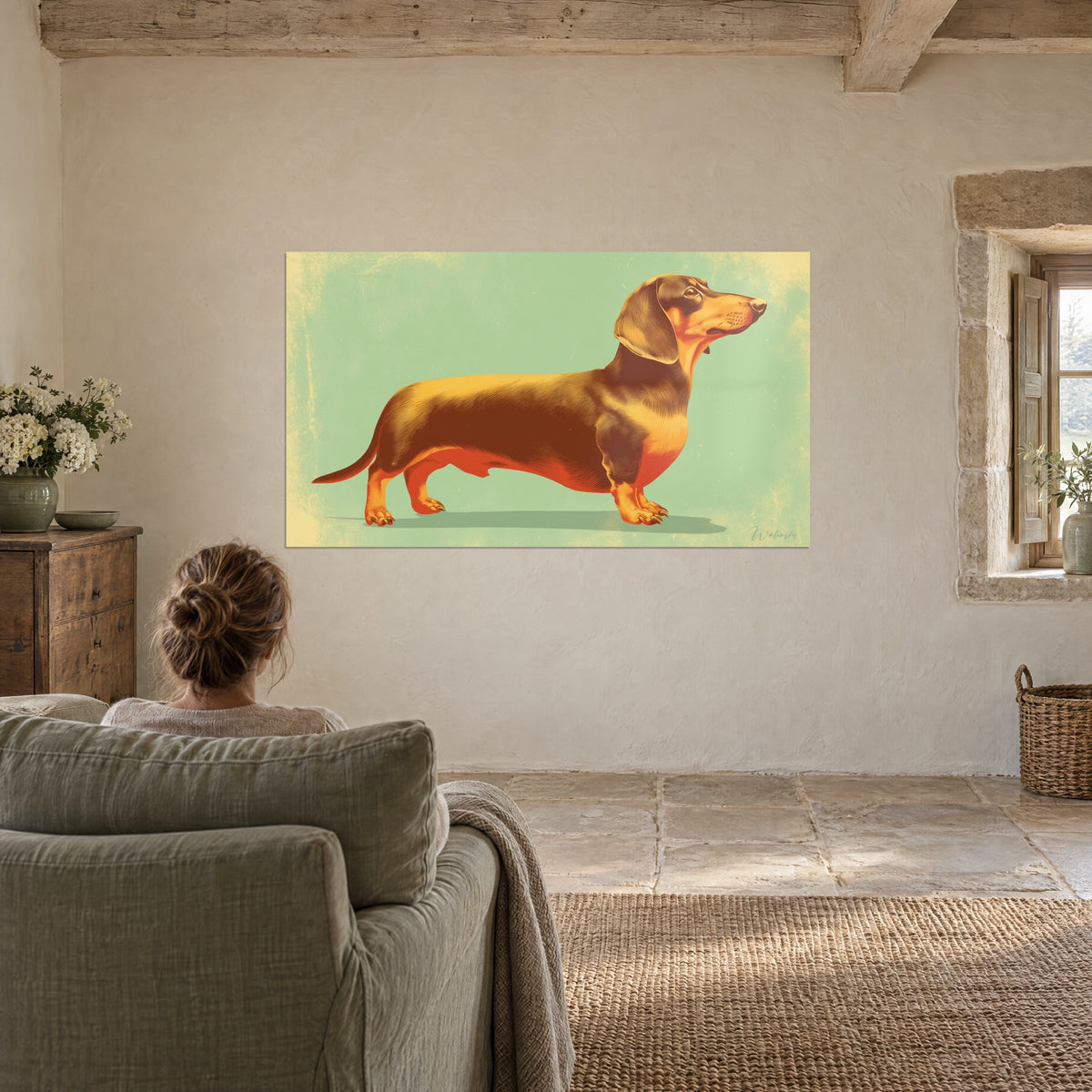 Schilderij retro-illustratie van een teckel, oranje rug en saliegroene achtergrond, gezien vanuit een fauteuil in de woonkamer