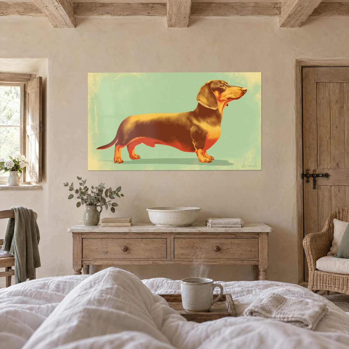 Schilderij korte-pootteckel, koperkleurige en oker vacht op amandelgroen, boven een bed in een lichte slaapkamer