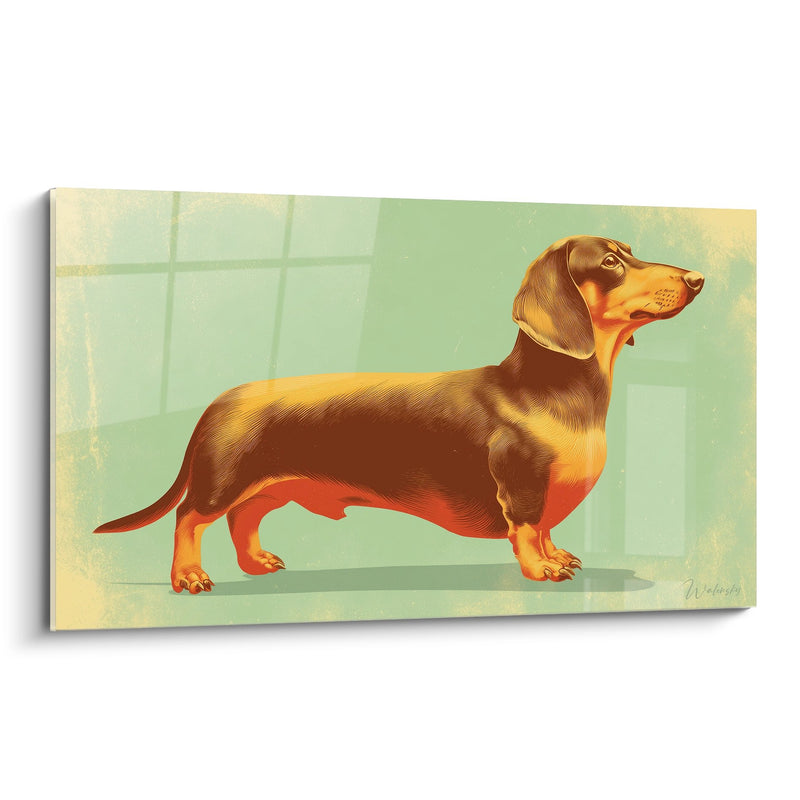 Dachshund Rot und Schwarz auf Hellgrünem Hintergrund - Seitenportrait - Edition Dachshund-Gemälde