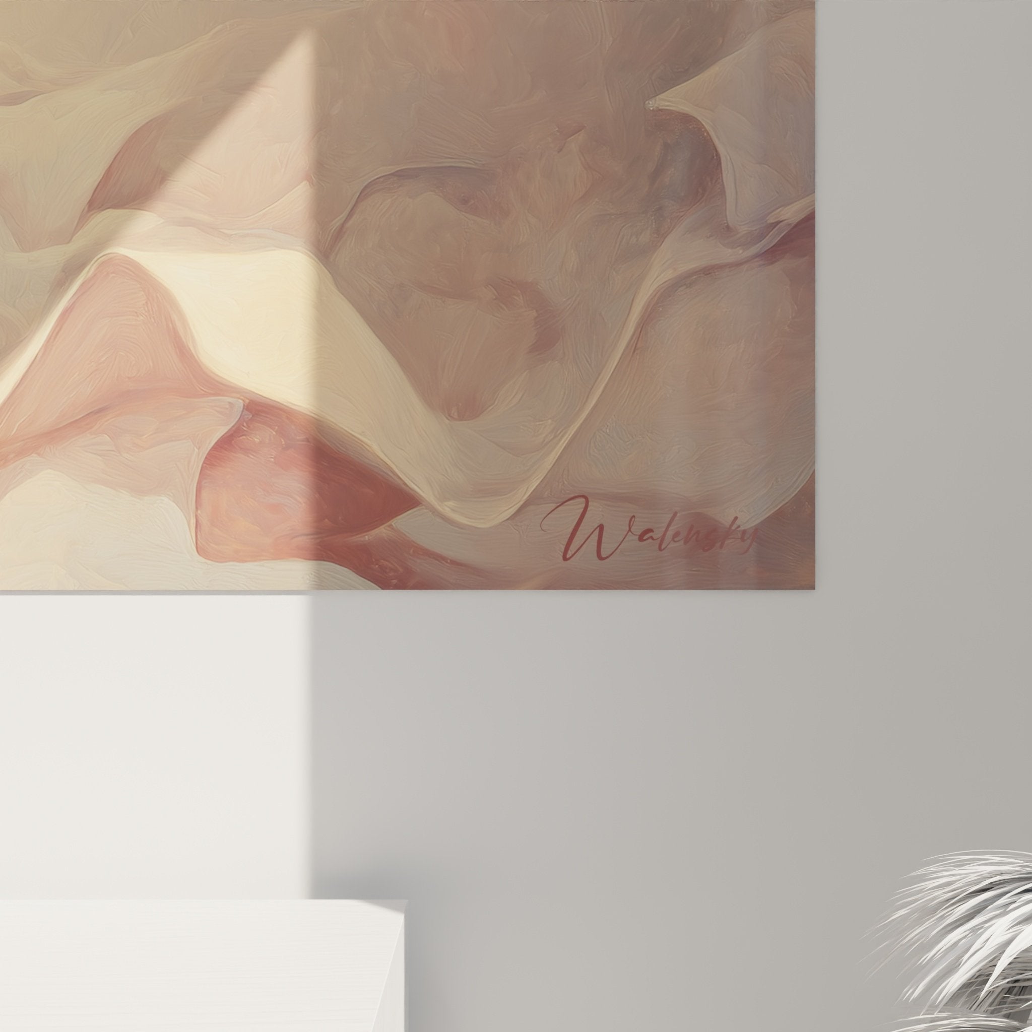 Dackel-Gemälde im gefliesten Badezimmer in Beige, beruhigende Szene, Hundekunst in warmen Naturtönen