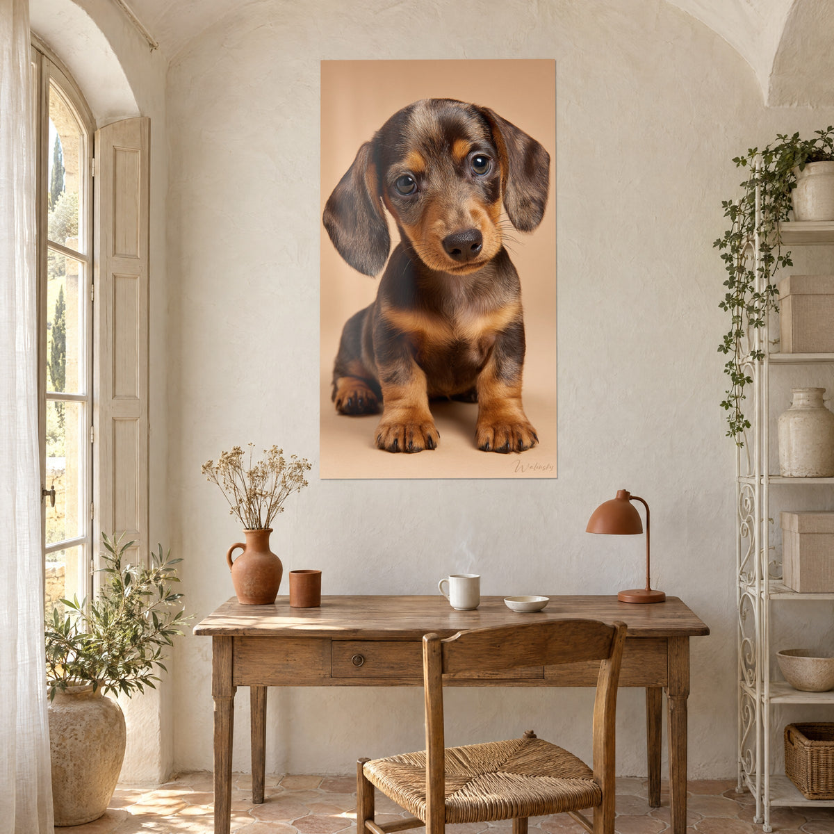 Cuadro cachorro de pelo corto, trufa negra, manchas de fuego sobre fondo beige rosado, junto a un escritorio de madera y una lámpara naranja