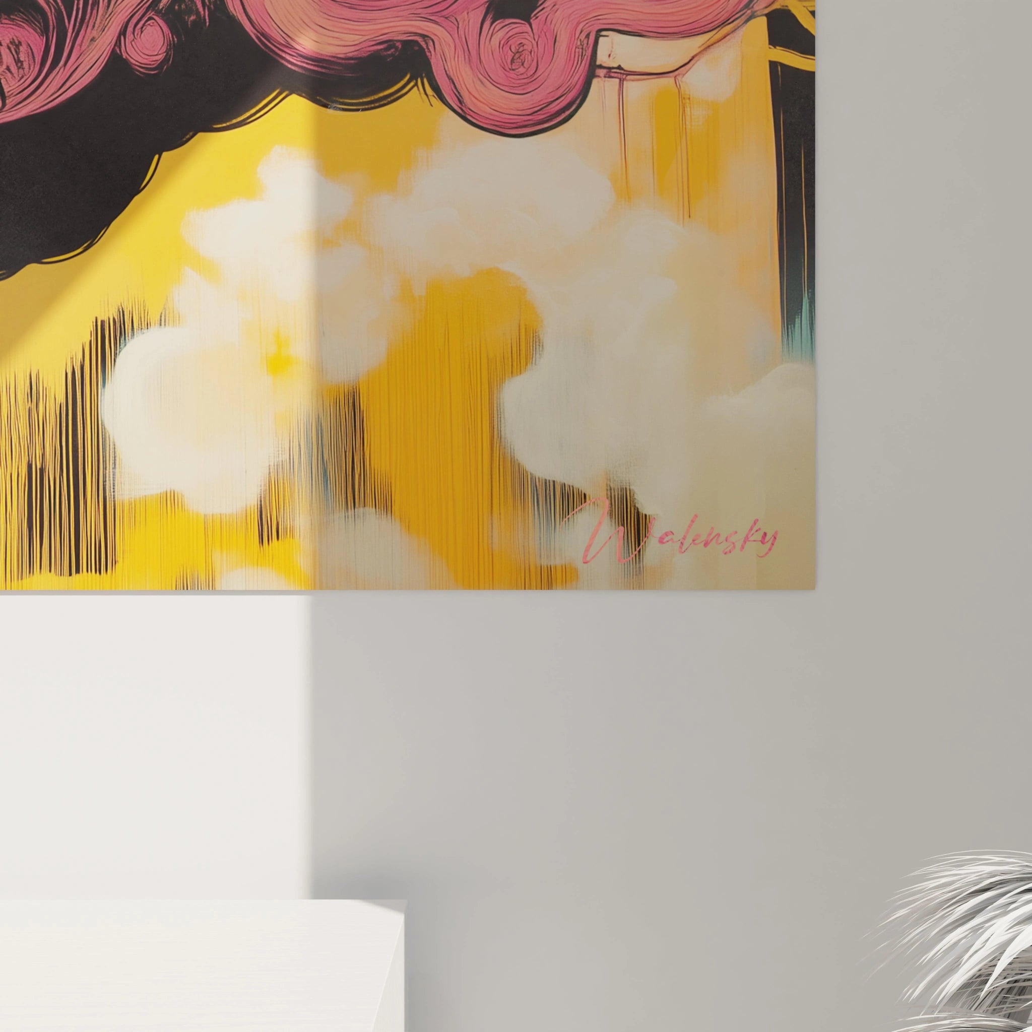 Tableau visage psychédélique aux contrastes marqués entre le bleu-vert du profil et les tourbillons rose vibrant des cheveux, sur fond jaune orangé nuageux, illustrant la dualité entre l'intériorité calme et l'expression extérieure dynamique.
