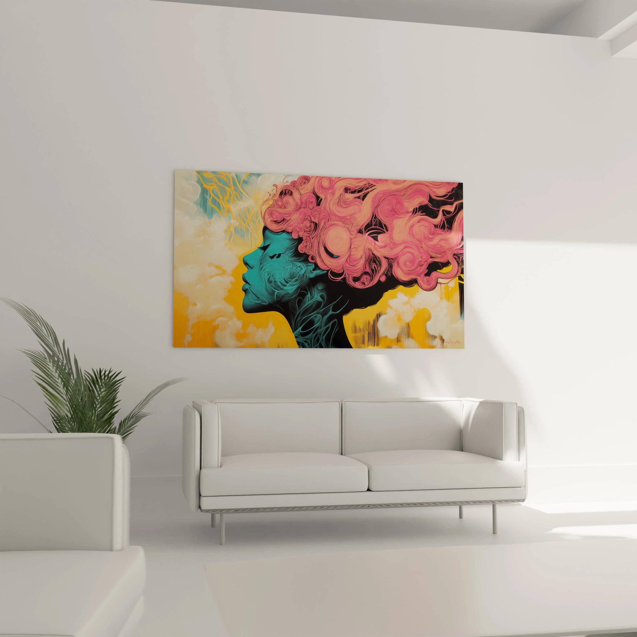 Tableau contemporain alliant un visage turquoise en profil et une explosion capillaire rose-orange, avec des textures variées créant un contraste saisissant entre calme et mouvement dans une composition asymétrique baignée d'une lumière dorée.
