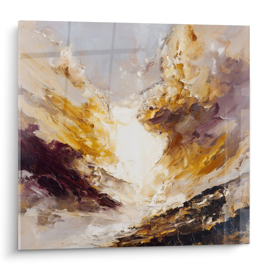 Peinture abstraite nuages dorés ocre tempête céleste Feng shui Nord-Est Terre technique empâtement relief