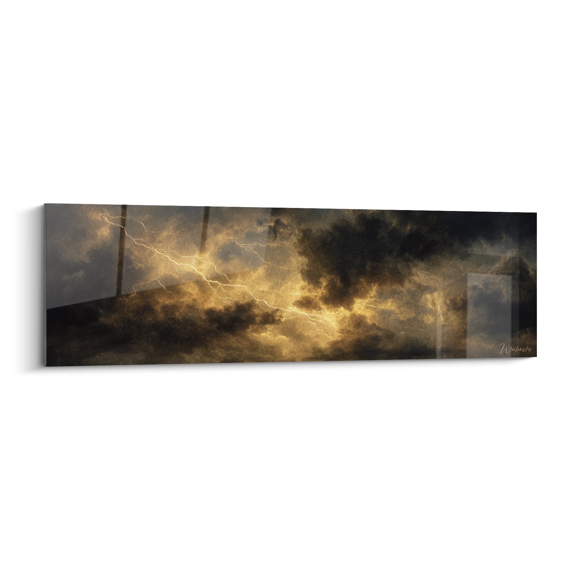 Tableau mural tempête électrique avec éclairs dorés traversant nuages sombres - art ciel dramatique