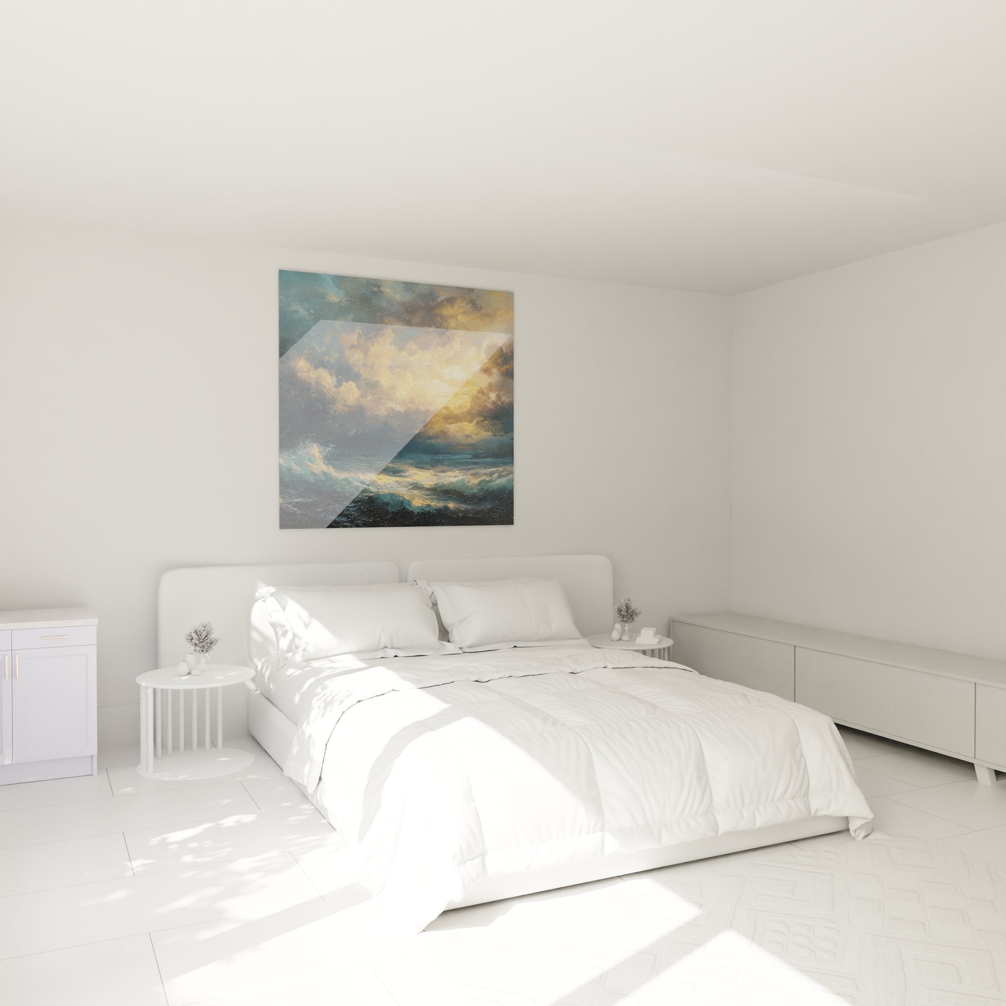 Tableau tempête mer dans chambre moderne - ambiance maritime dramatique avec vagues dorées