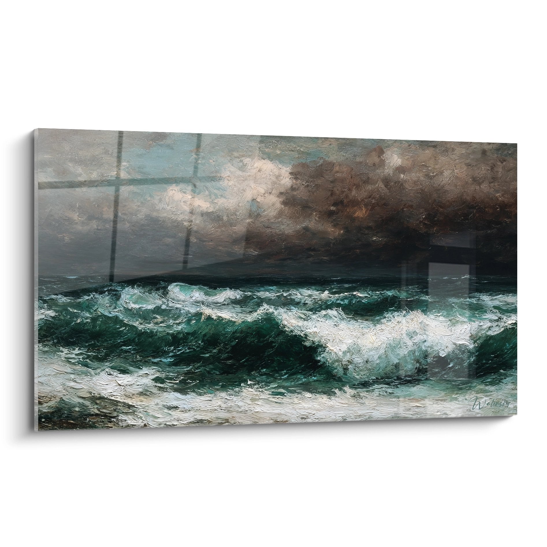 Tableau tempête en mer avec vagues déferlantes et ciel orageux - peinture marine dramatique