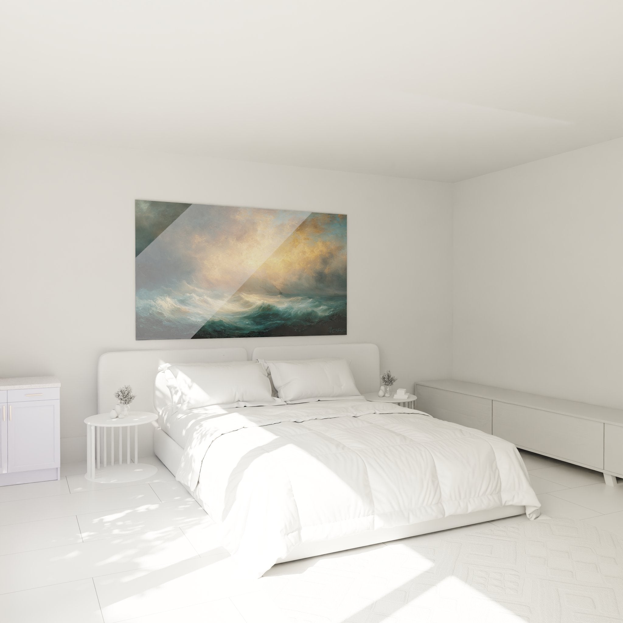Tableau tempête océanique dans chambre moderne décoration murale mer vagues dorées