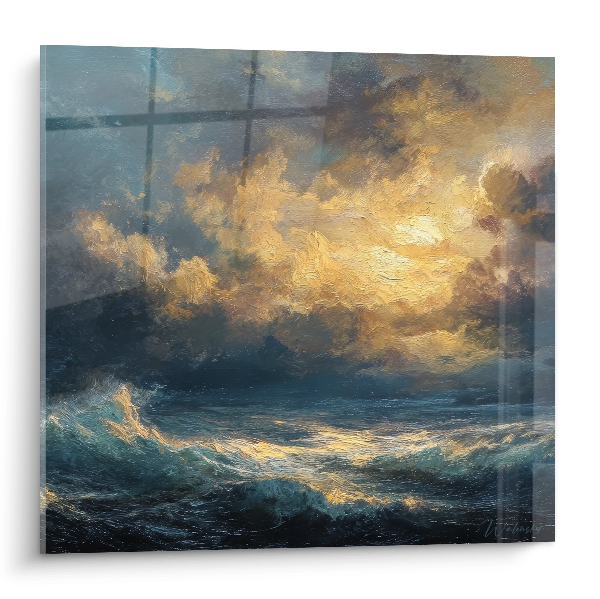 Tableau tempête océanique avec vagues dorées et nuages dramatiques - décoration maritime