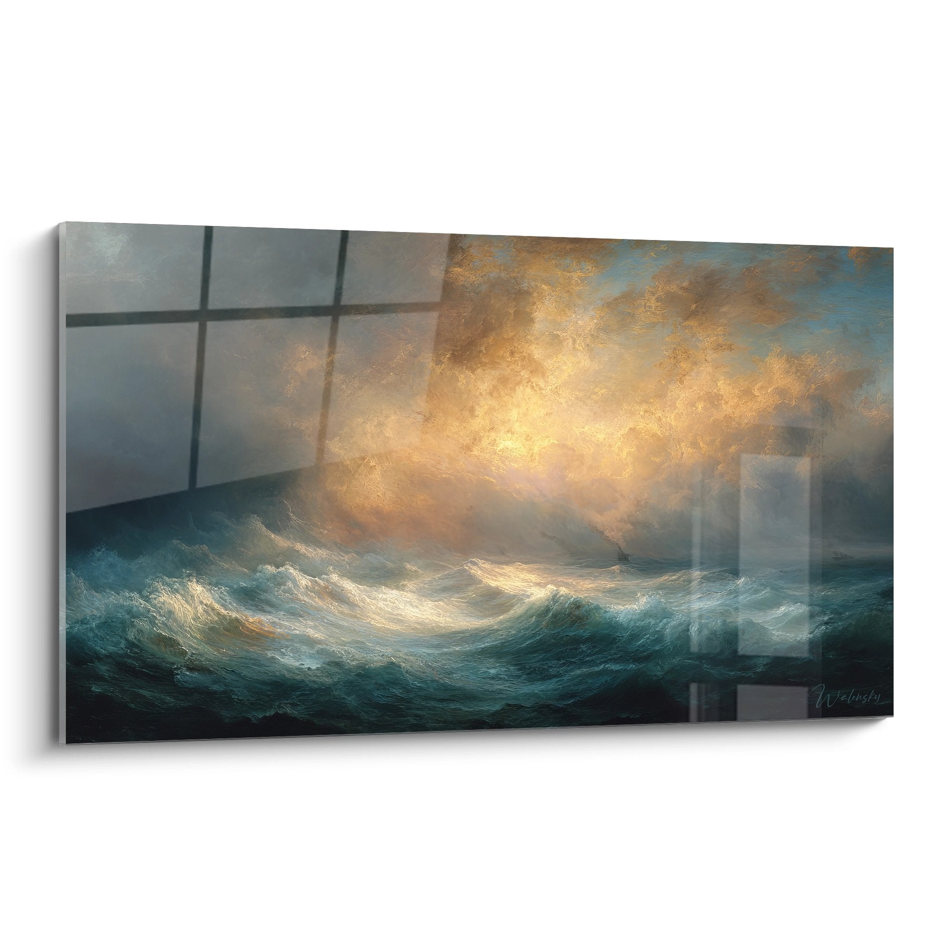Tableau mural tempête océanique vagues dorées ciel orageux art marine décoratif