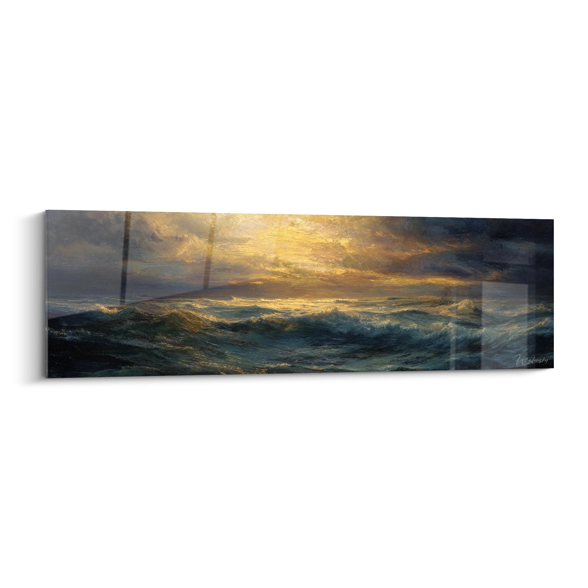 Tableau mural tempête océanique avec vagues dorées et ciel orageux pour décoration marine