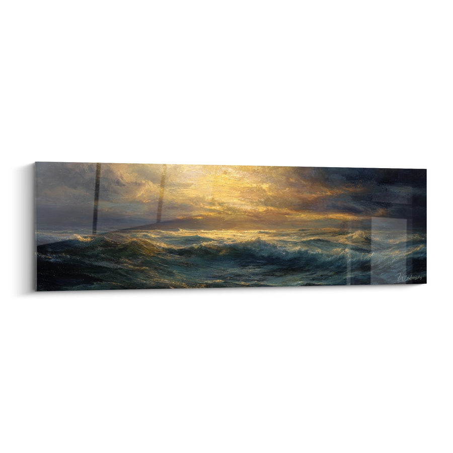 Tableau tempête océanique - Vagues dorées au coucher de soleil - édition mer