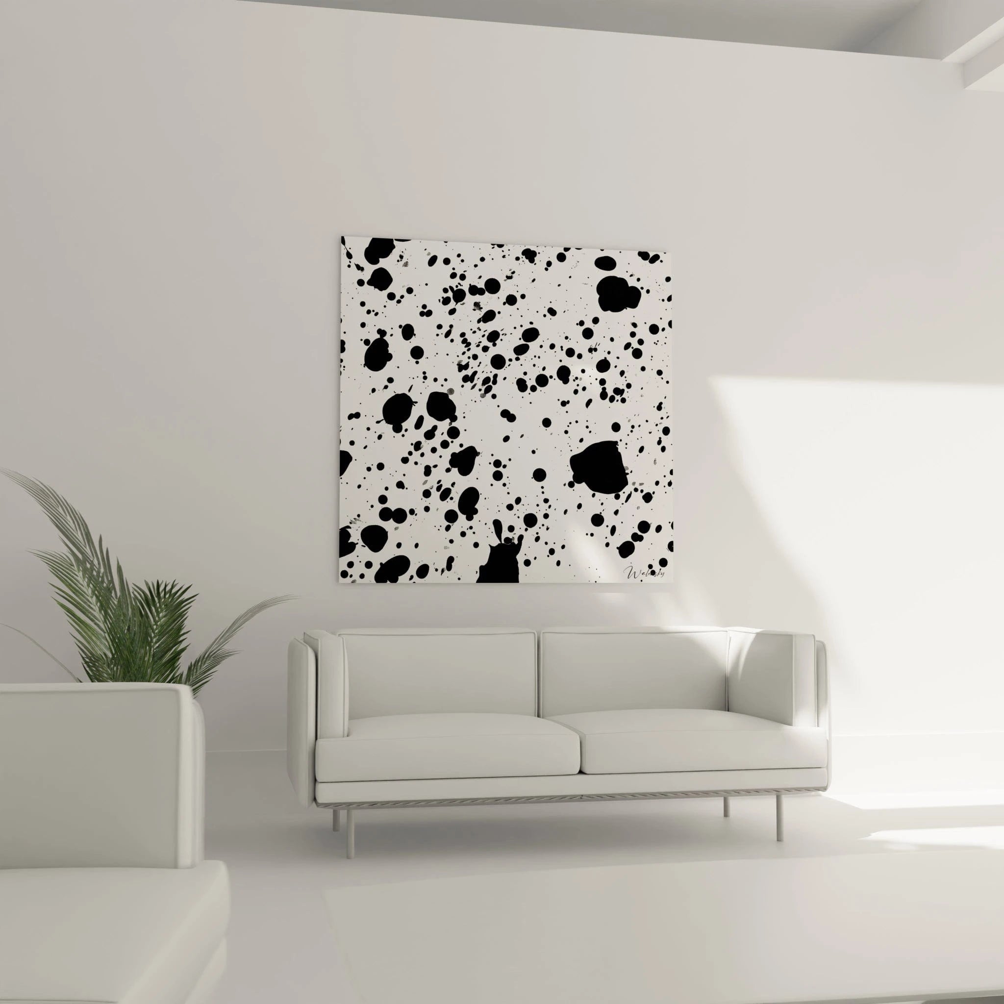 Tableau tacheté noir et blanc de Walensky accroché dans un salon moderne