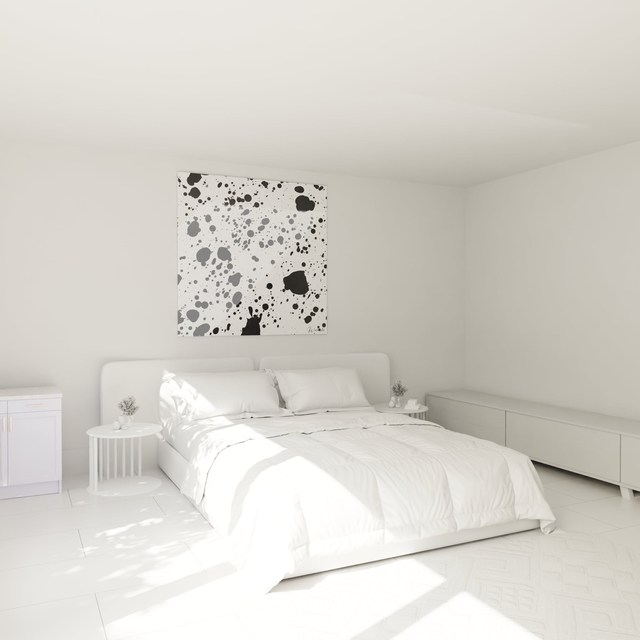 Tableau tacheté noir et blanc Walensky, ajout moderne pour une chambre lumineuse et élégante
