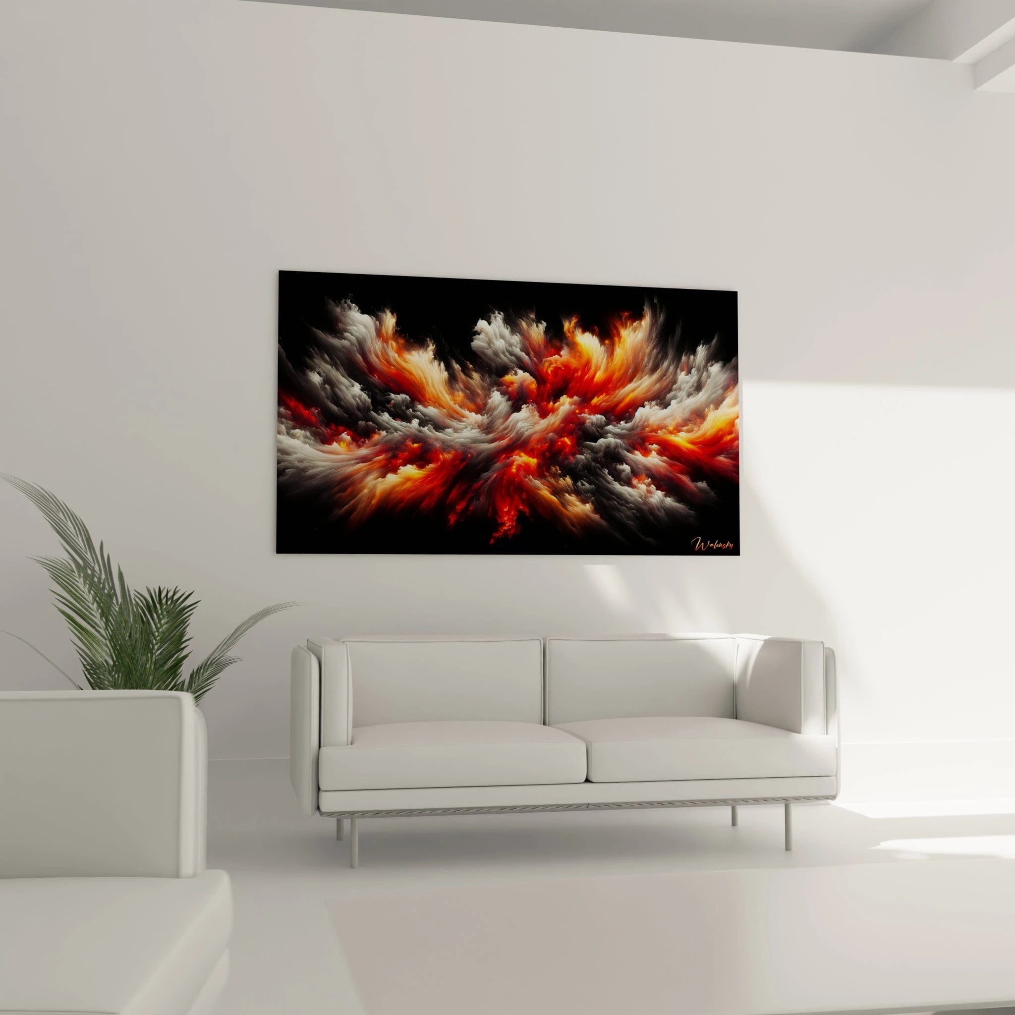 Tableau abstrait montrant une tempête de feu stylisée. Spectre chromatique limité au rouge carmin, orange cuivré, blanc lumineux et gris charbon. Effet visuel de turbulence avec formations brumeuses et flammes éthérées. Composition horizontale avec masses tourbillonnantes et jeux de lumière intenses créant une impression de chaleur et de puissance.
