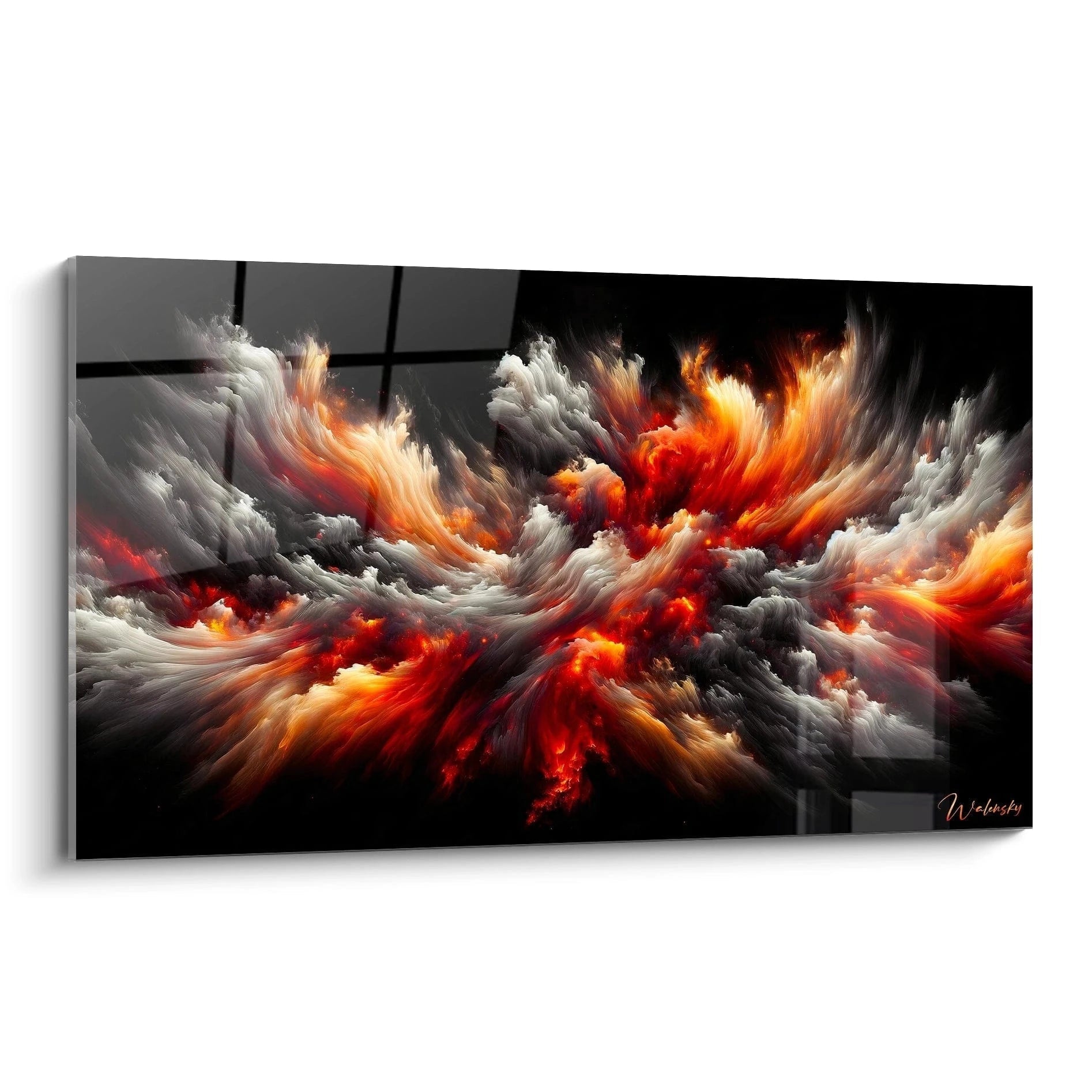 Tableau abstrait représentant une explosion de nuages incandescents sur fond noir. Palette intense de rouge écarlate, orange flamboyant, blanc pur et gris anthracite. Texture vaporeuse avec formations voluptueuses et traînées lumineuses. Composition dynamique avec mouvements centrifuges et jeux de contrastes entre zones lumineuses et sombres.
