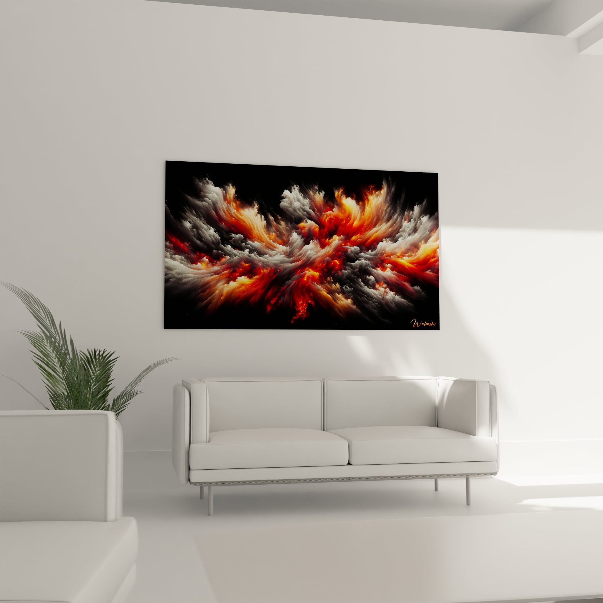 Tableau abstrait montrant une tempête de feu stylisée. Spectre chromatique limité au rouge carmin, orange cuivré, blanc lumineux et gris charbon. Effet visuel de turbulence avec formations brumeuses et flammes éthérées. Composition horizontale avec masses tourbillonnantes et jeux de lumière intenses créant une impression de chaleur et de puissance.
