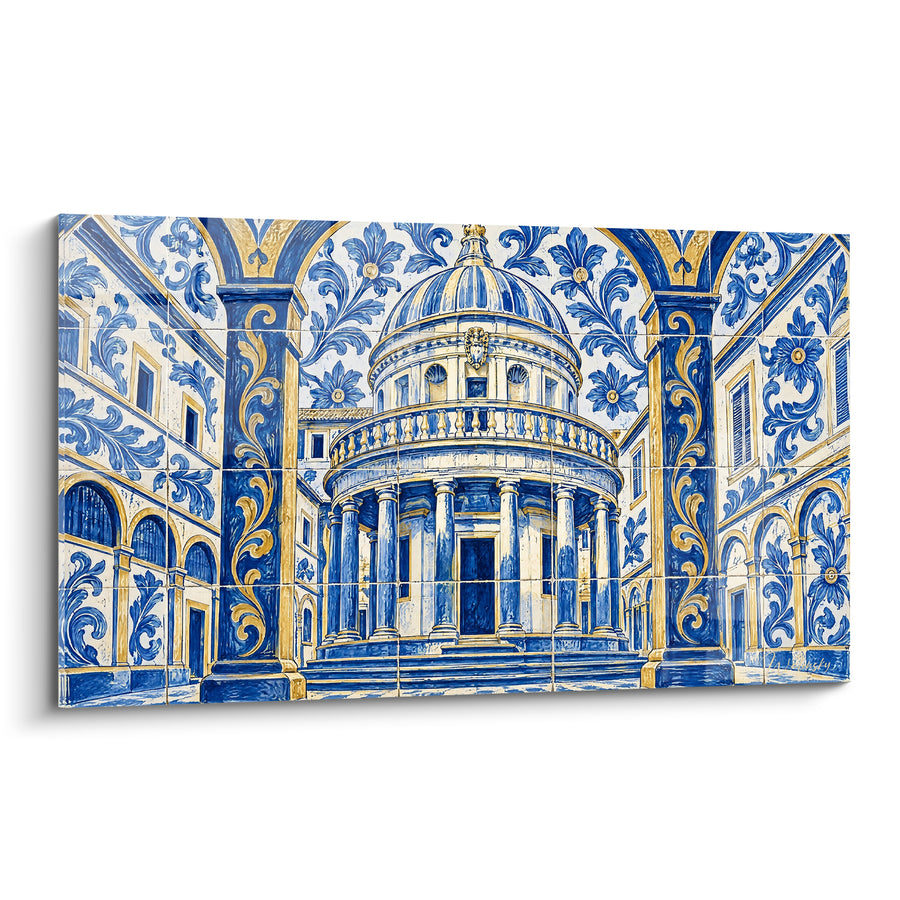 Tableau Tempietto bleu et doré en faïence décorative - Songe de faïence - Edition Tempietto de San Pietro in Montorio Latium Italie
