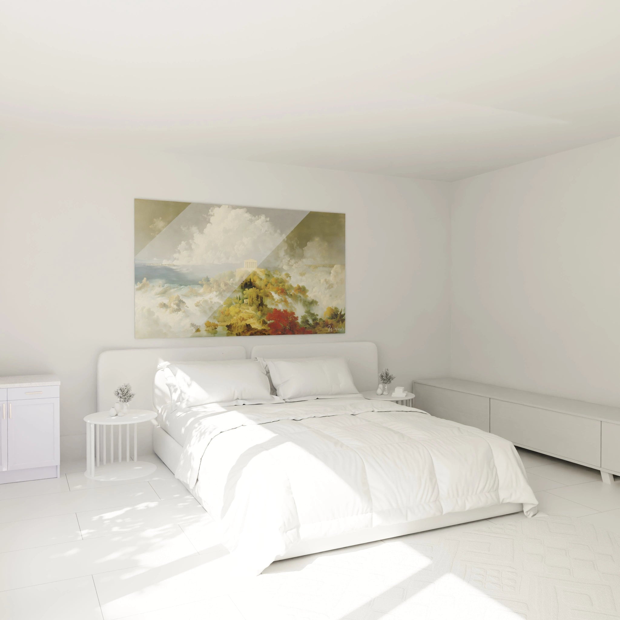 Walensky tableau temple antique paysage encadre accroche au dessus du lit blanc minimaliste dans une chambre lumineuse