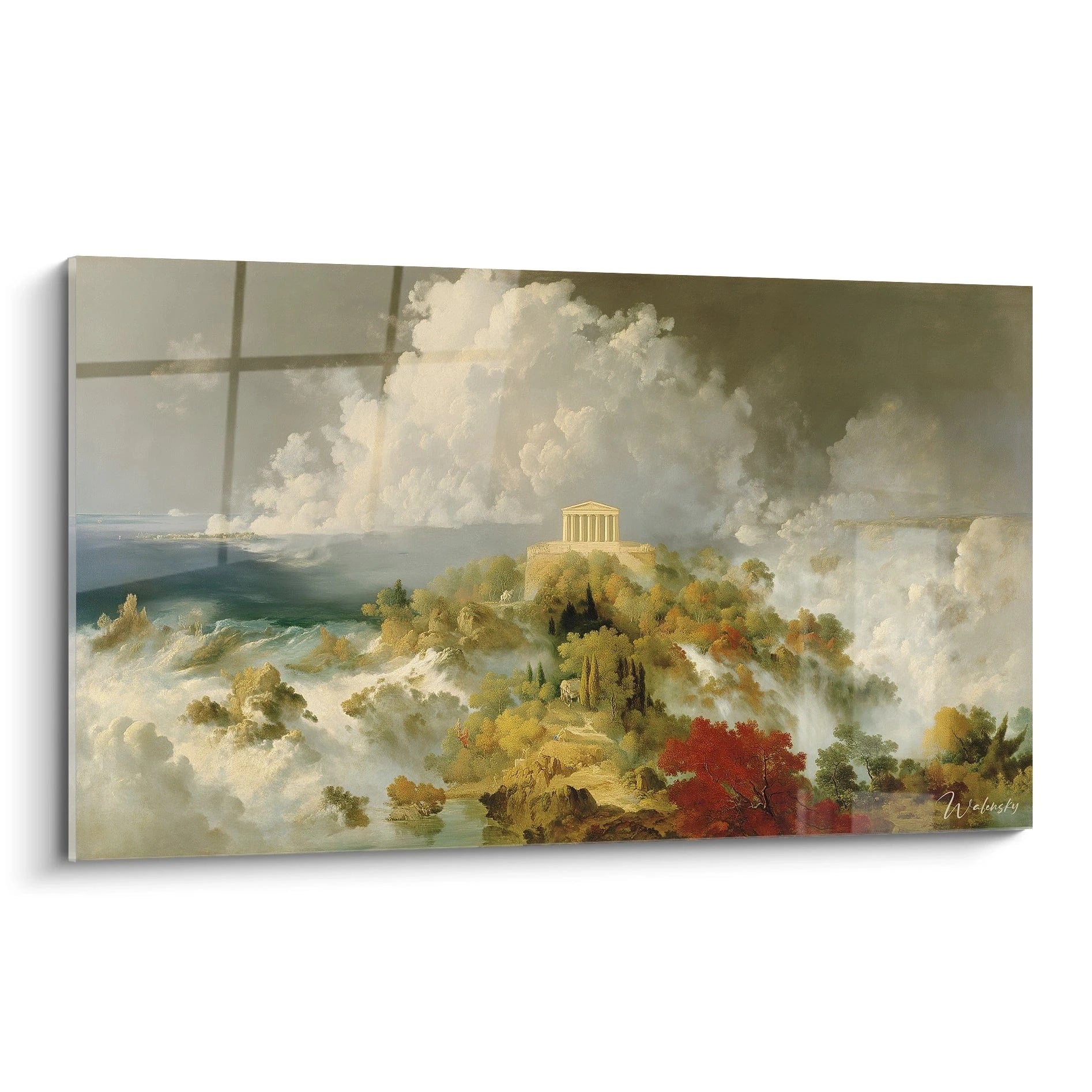 tableau temple antique Walensky représentant un paysage panoramique avec temple classique sur une colline brumeuse