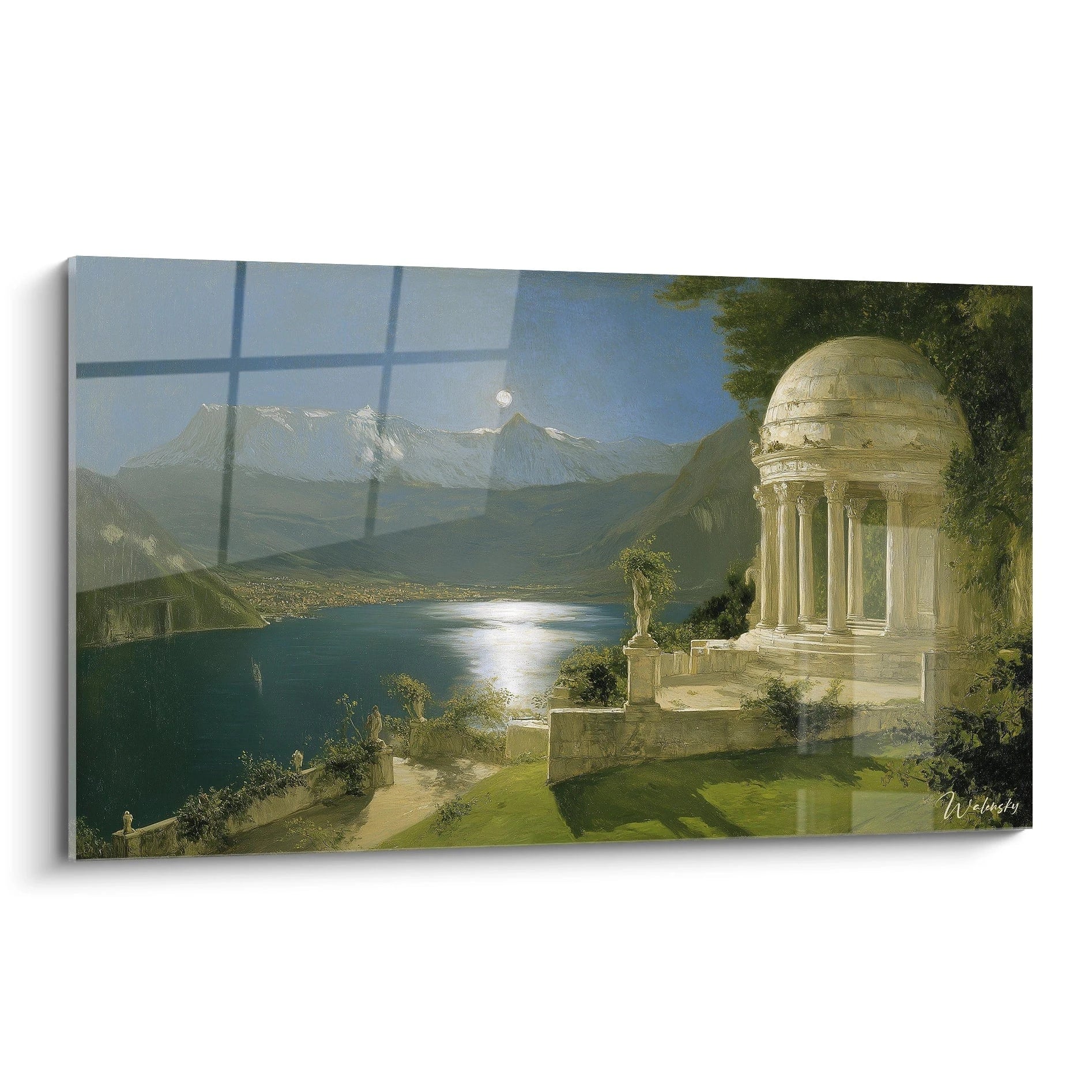 Walensky tableau temple antique clair de lune montrant un temple sur le bord du lac avec reflets et montagnes