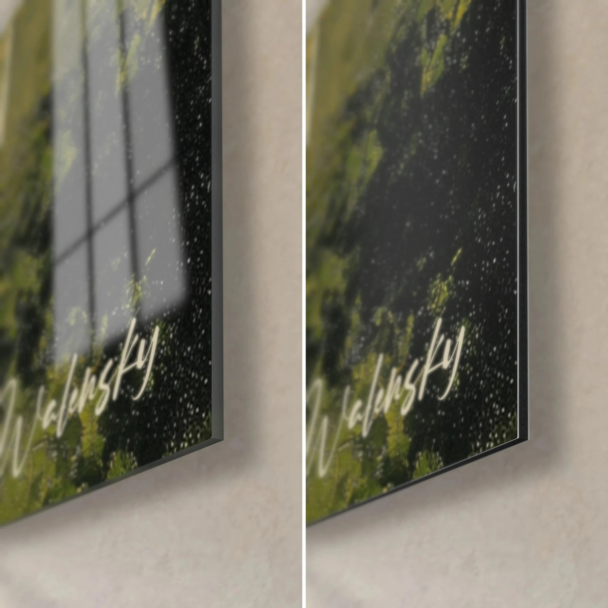 Schilderij oude tempel in crème en diepe groentinten, rechterhoek onderaan in glanzend acrylglas en mat Dibond aluminium, 3 mm dik