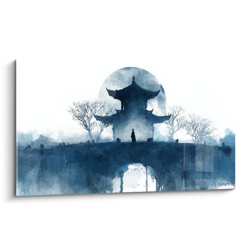 Tableau Architecture Asiatique Aquarelle Bleue - Temple Mystique - Edition Pagode